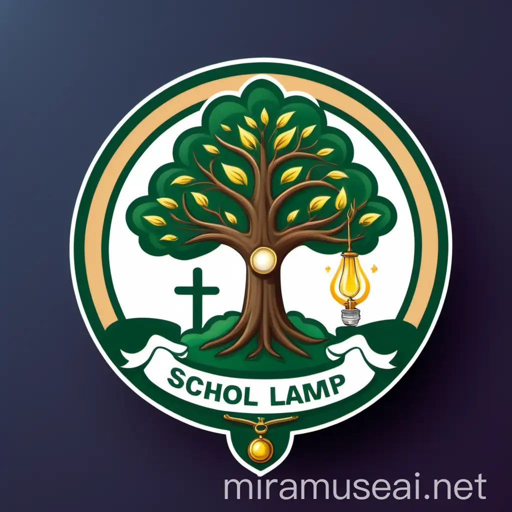 Create a school badge which incorporates an image of a tree, catholic symbols and a lamp