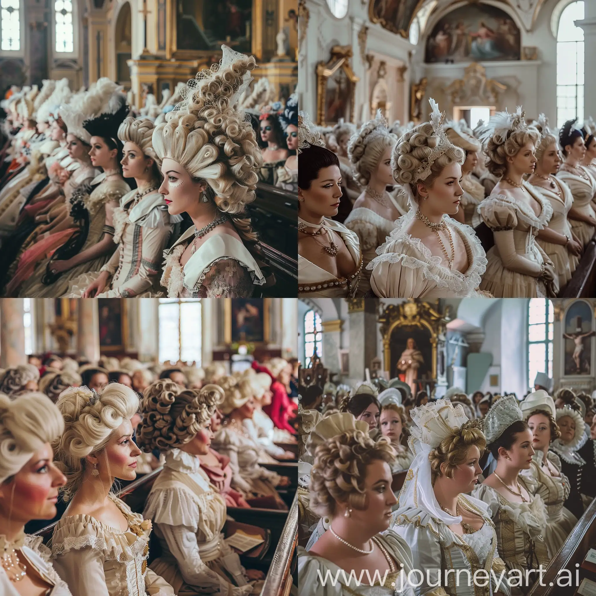 Elegant-Women-in-Marie-Antoinette-Costumes-Gathered-in-a-Church