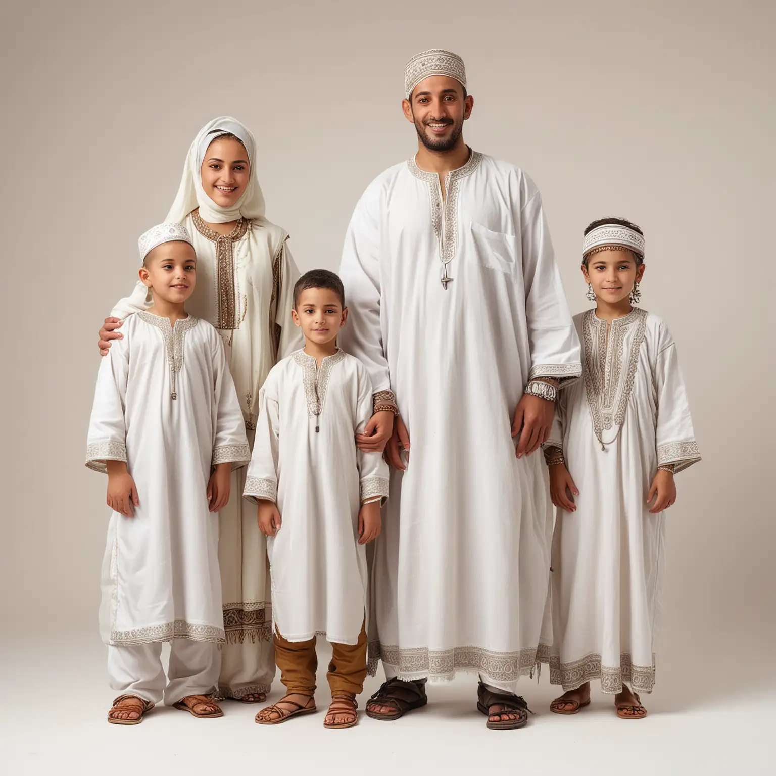Moroccan family,man, woman, children wearing traditional clothes, full standing figures, white neutral background