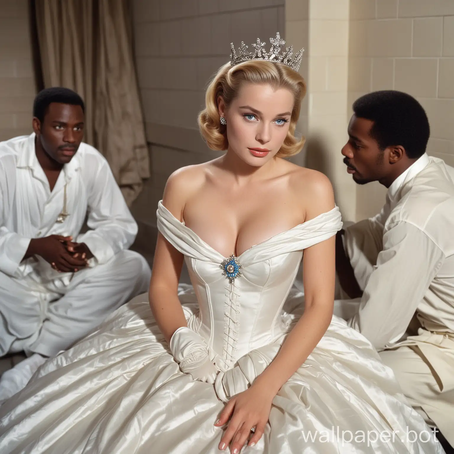 In a men's public restroom, a white, young actress with blonde hair and blue eyes, Grace Kelly, (who is characterized by her beauty) is on her knees, crowned as a queen in a white silk off-shoulder, sleeveless dress, a white silk push-up corset, and white silk opera length gloves. There is disgust on her face. The white Queen, in her crown, begs on her knees in front of two black, male homeless men with their pants down. The Queen's mouth is open extra wide. The view is from above.