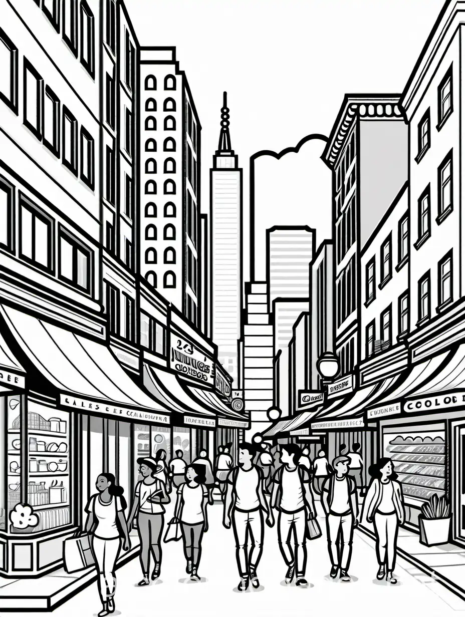 A bustling coloring book scene showcasing diverse people from different cultures going about their day in a vibrant city street with shops, cafes, and iconic landmarks, Coloring Page, black and white, line art, white background, Simplicity, Ample White Space, The background of the coloring page is plain white to make it easy for young children to color within the lines. The outlines of all the subjects are easy to distinguish, making it simple for kids to color without too much difficulty