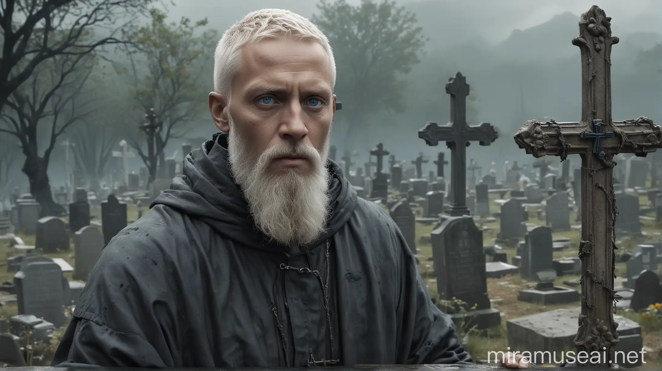  
Dominican monk with blue eyes, beard and blonde hair with gray hair is visiting a grave in a cemetery with a cross on top in an apocalyptic setting, 21st century, hiperrealistyc