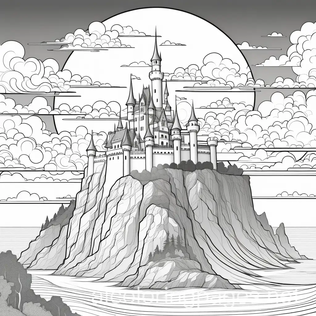 fantasy castle on a cliff with a vortex of clouds in the sky, Coloring Page, black and white, line art, white background, Simplicity, Ample White Space. The background of the coloring page is plain white to make it easy for young children to color within the lines. The outlines of all the subjects are easy to distinguish, making it simple for kids to color without too much difficulty