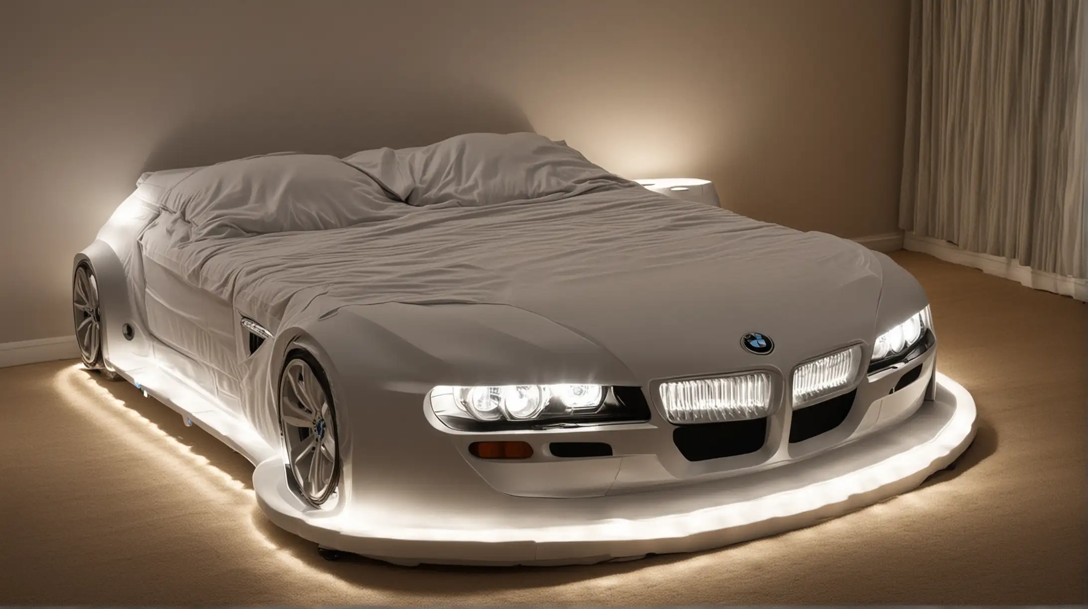 Double bed in the shape of a BMW car with headlights on 