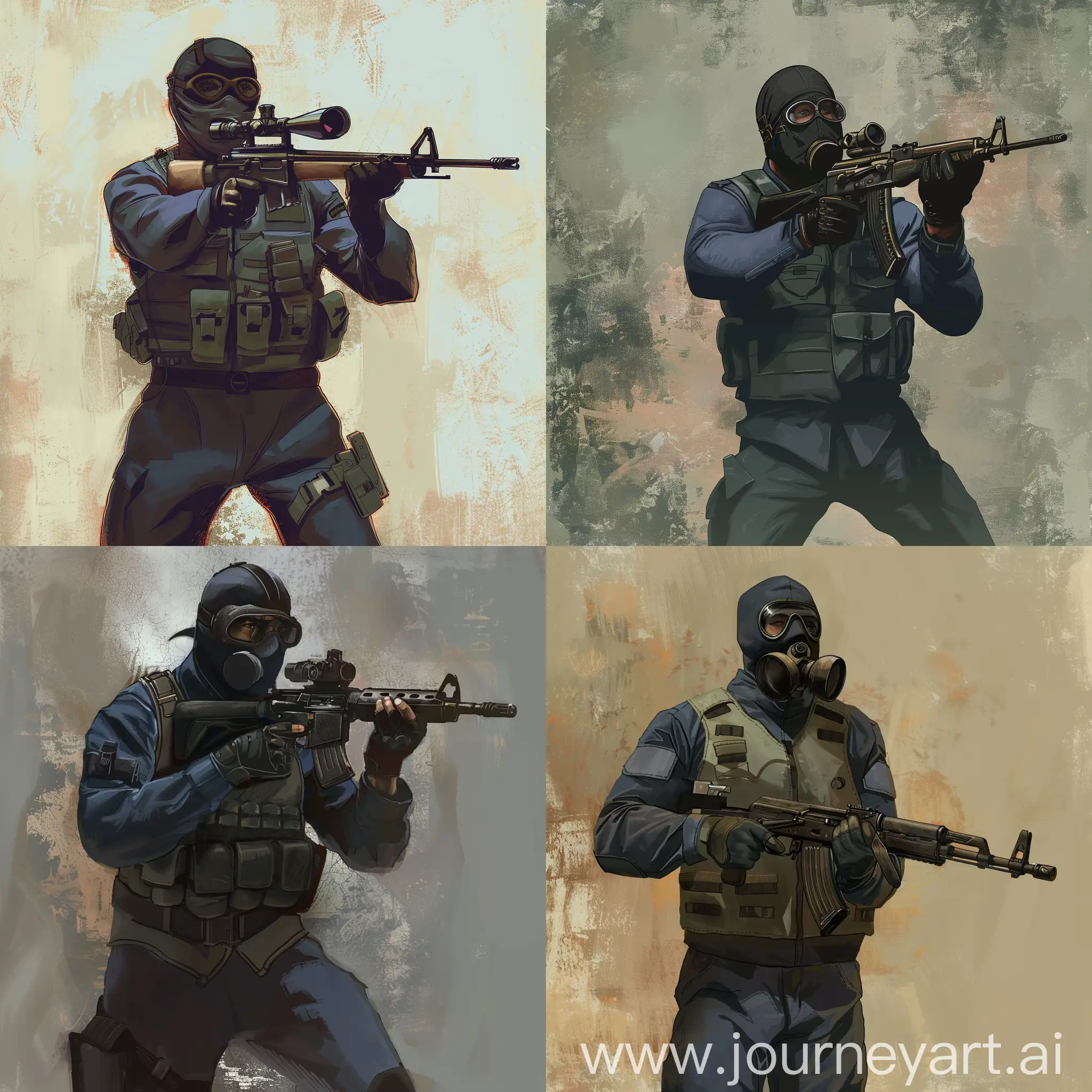Concept art character, full body art, an American soldier of the Vietnam War in a old time military vest, with a sniper rifle in his hands, a balaclava on his face, a gas mask on top of the balaclava of that time.
