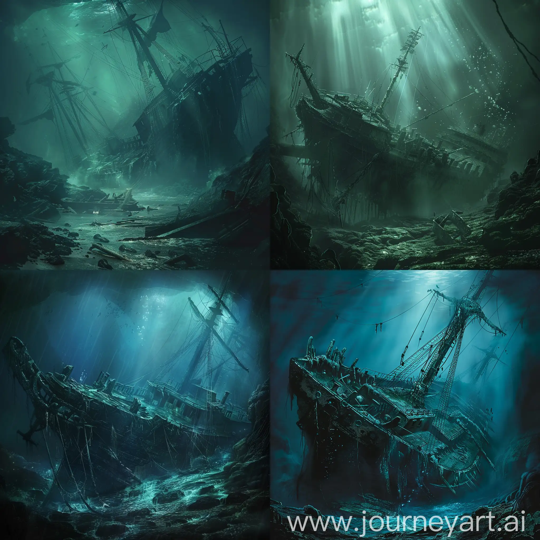 amazing illustration of a shipwreck underwater, moody scene, fantastic shipwreck image