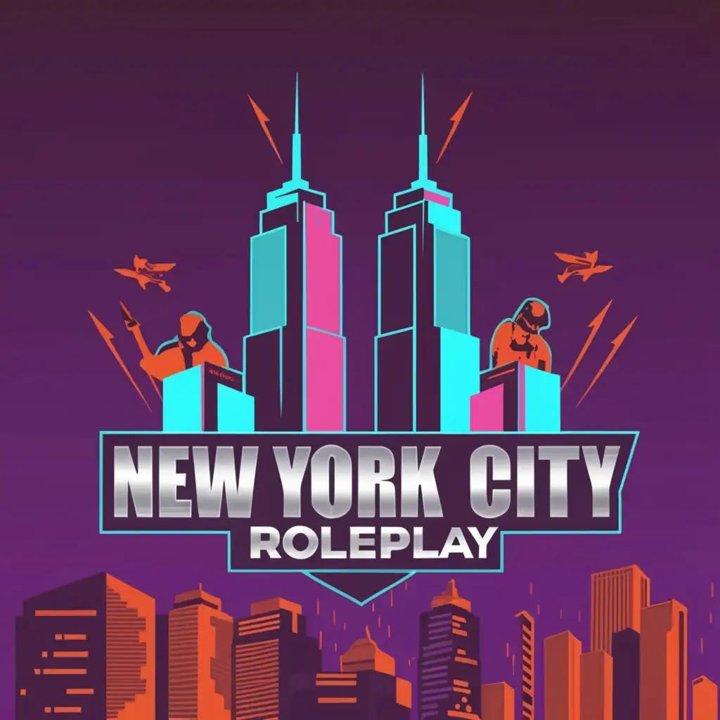 a logo design,with the text "New York City Roleplay", main symbol:Skycrapers flashing red and blue lights with criminals fighting cops,Moderate,be used in Technology industry,clear background