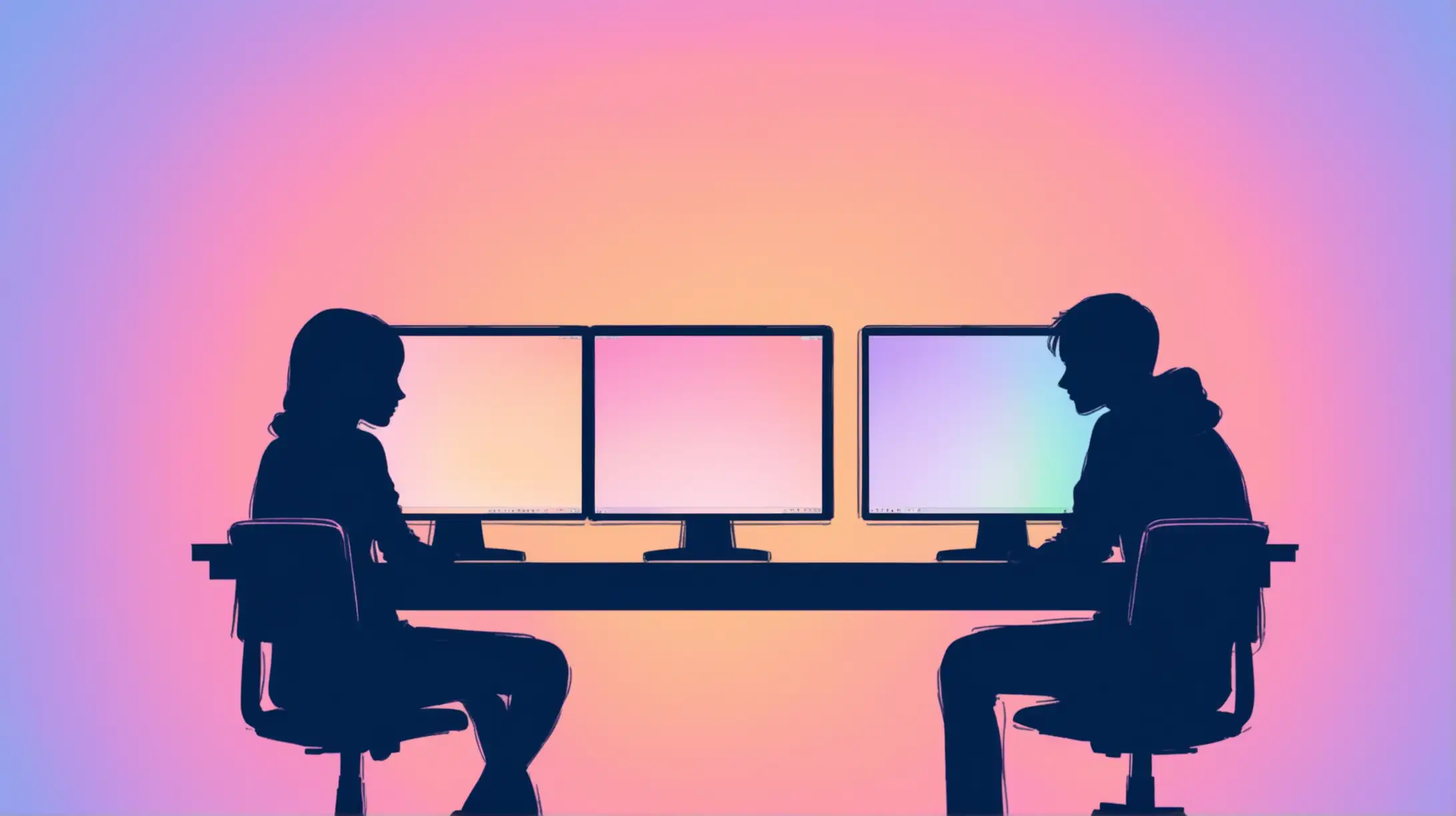 Generate an image of two people on a desk looking over a computer. The people should be silhouettes not detailed. It should look like one of them is showing the other how to use the computer. Colors should be pastel and vibrant. 