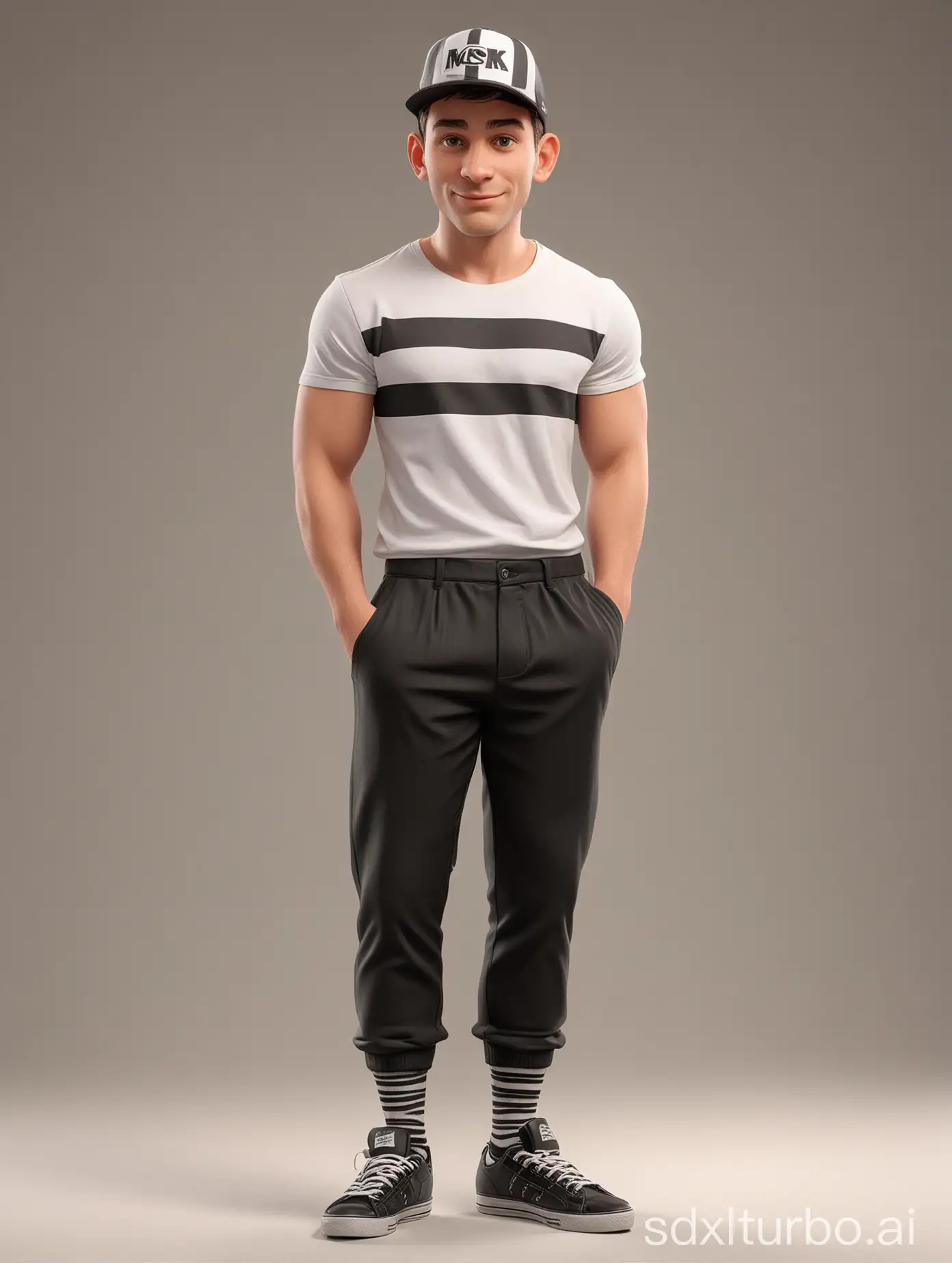 Create a realistic caricature 3D Cartoon style full body with a big head. A young man standing with proud pose. Thin body, wearing black cap, white t-shirt lettering 'MK studio', black trousers. Wearing black shoes combined with a black and white striped socks. Peach solid Colored background. Use soft photography lighting, top lighting, side lighting. high resolution images, Uhd, 16k.