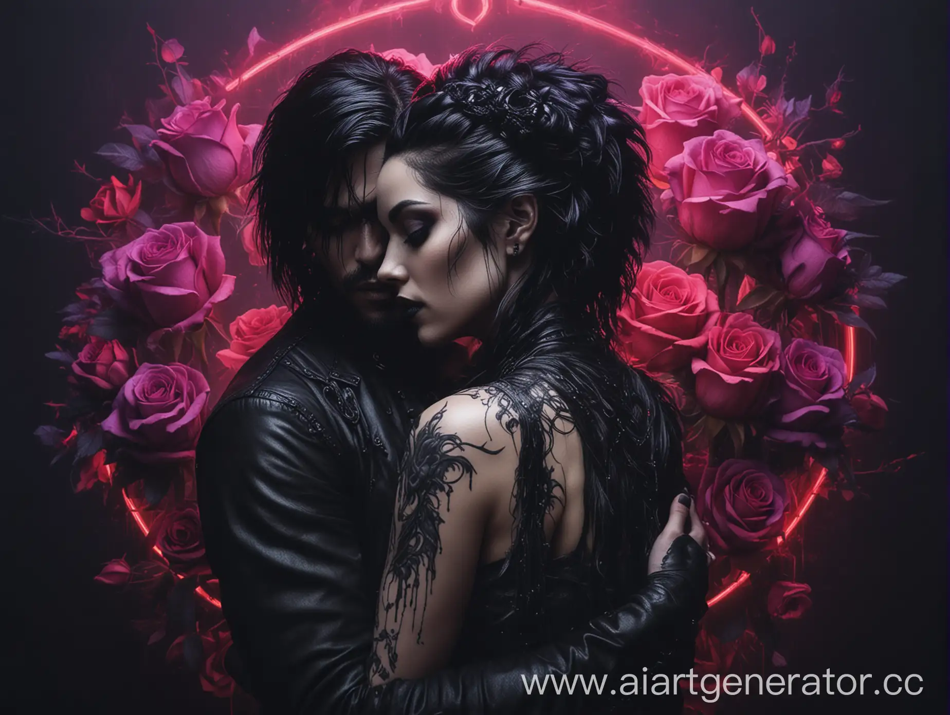 Gothic-Couple-Embracing-Surrounded-by-Neon-Ravens-and-Roses