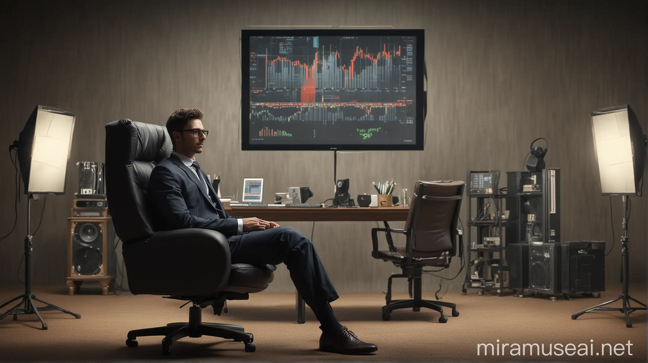 a man sitting in chair and with formal clothes in the middle of the room, scenography of a computer setup studio in the background, stock market ambient, stock market on computer screen,professional photography style from a photography studio, 4k, ultra realistic, rich in details. super texture, professional camera quality. hdrplus.