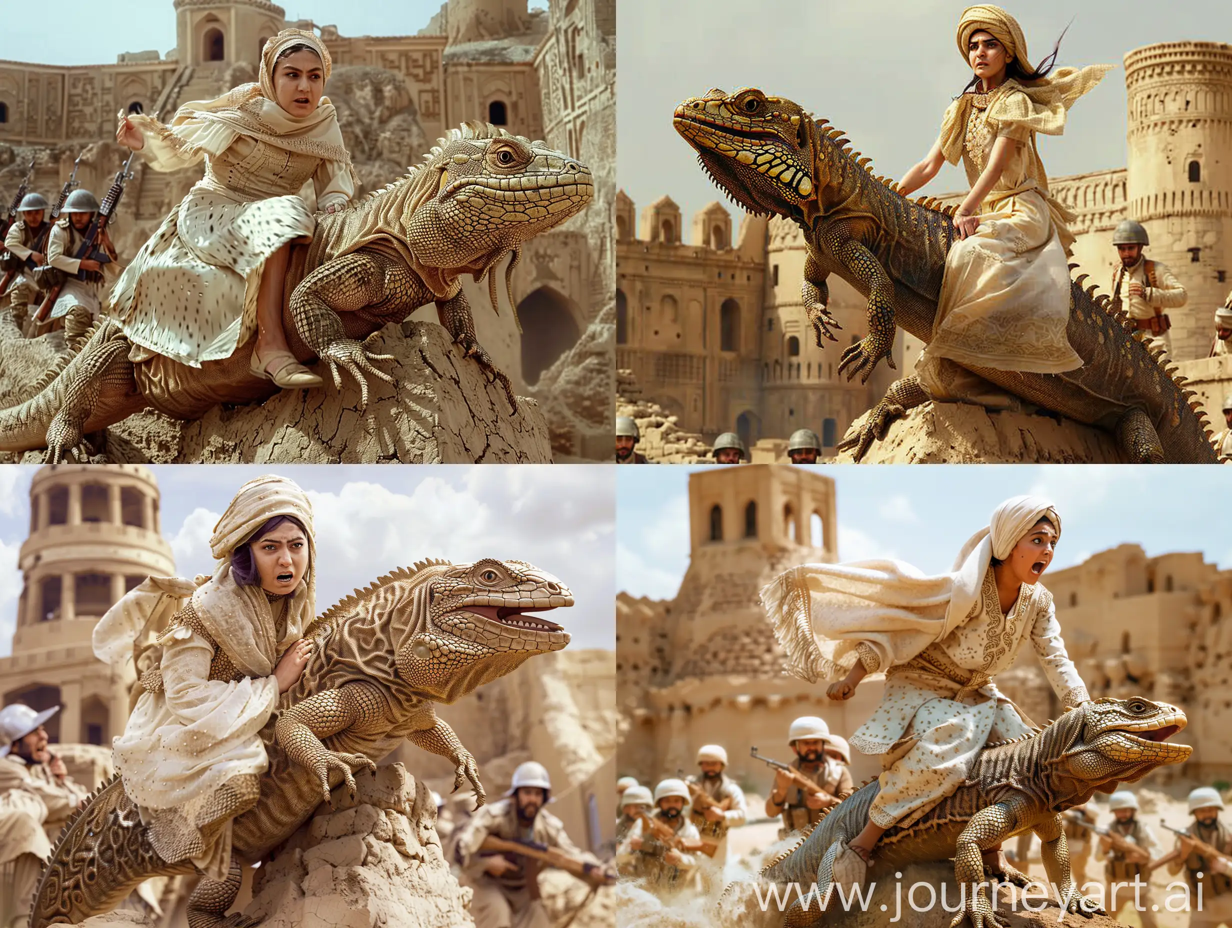 A young Persian woman wearing a traditional cream dress and a cream shawl on her head while riding a giant fat lizard angrily climbs the mud and clay fortress of Arg Bam in the Persian Empire in Iran, Persian soldiers I am attacking him in traditional clothes and he is climbing the tower of Arg Bam, create a very realistic HD quality photo with fine details and 4K and create the afternoon lighting.
