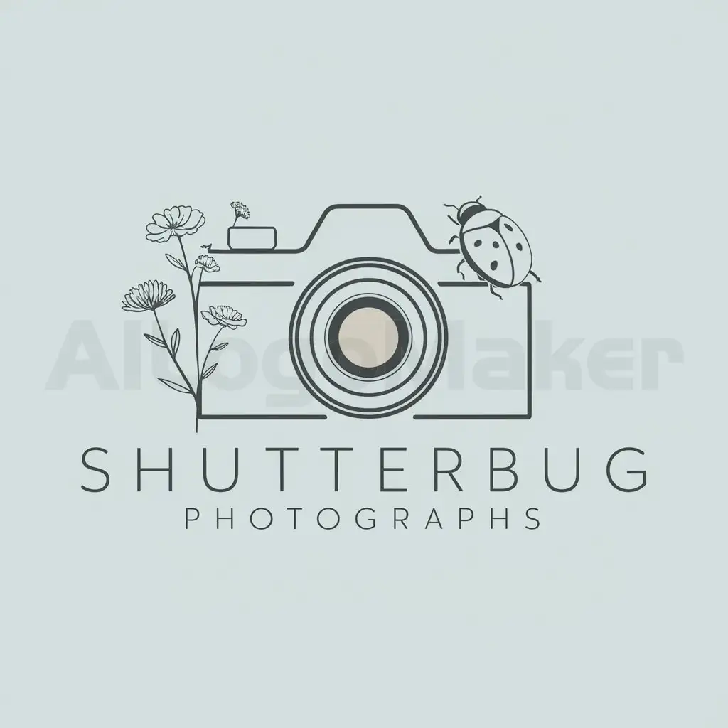 a logo design,with the text "business logo", main symbol:camera with flowers and ladybug. words 'Shutterbug Photographs',Moderate,clear background