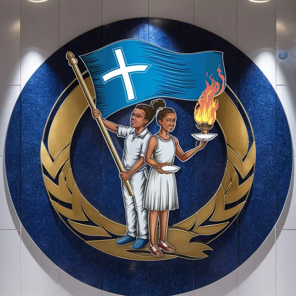 a logo design with clear visible English written spelling text ELC Wampar Seket Yut , main symbol:Create a logo featuring a  blue flag icon of 2 african youth (boy holding the flag* girl right hand holding flame torch and left hand holding a plate of white salt*. The flag should prominently display the Christian cross symbol. The overall design should be balanced and harmonious, with a circular frame representing unity and continuity..white background, no foreign language text