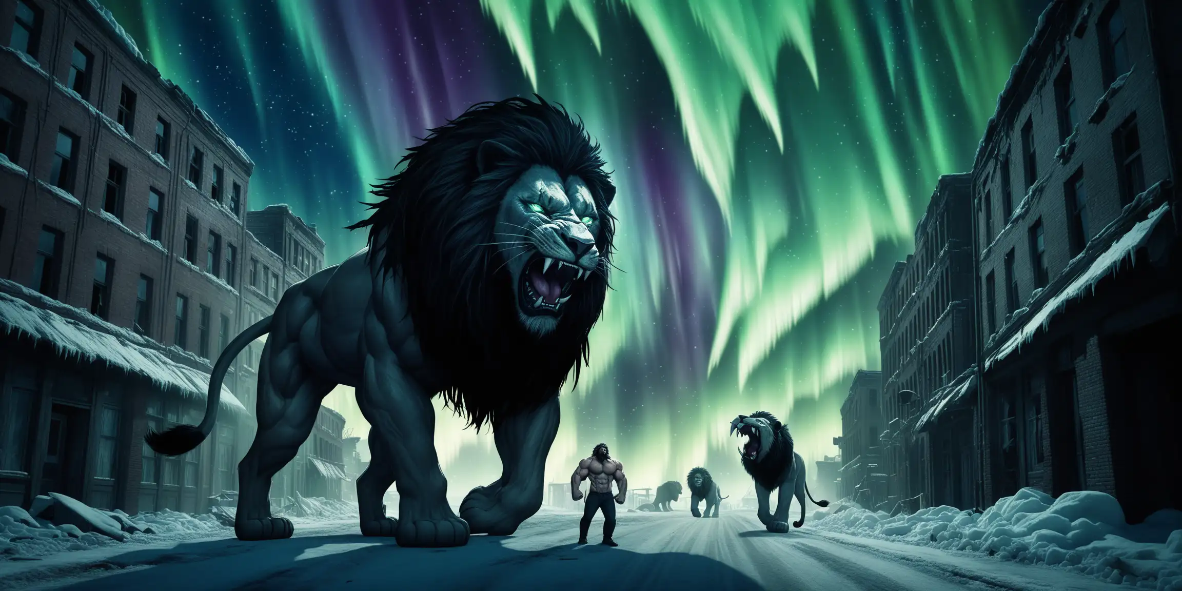 giant black lion carrying many large duffle bags of cargo on its back and sides. saddle. traveling. black mane. very muscular. very muscular arms. very muscular torso. aurora. light particles. glowing hair. abandoned city street. cinematic lighting and cinematic shading. very long tongue. long saber tooth fangs. scary snarling