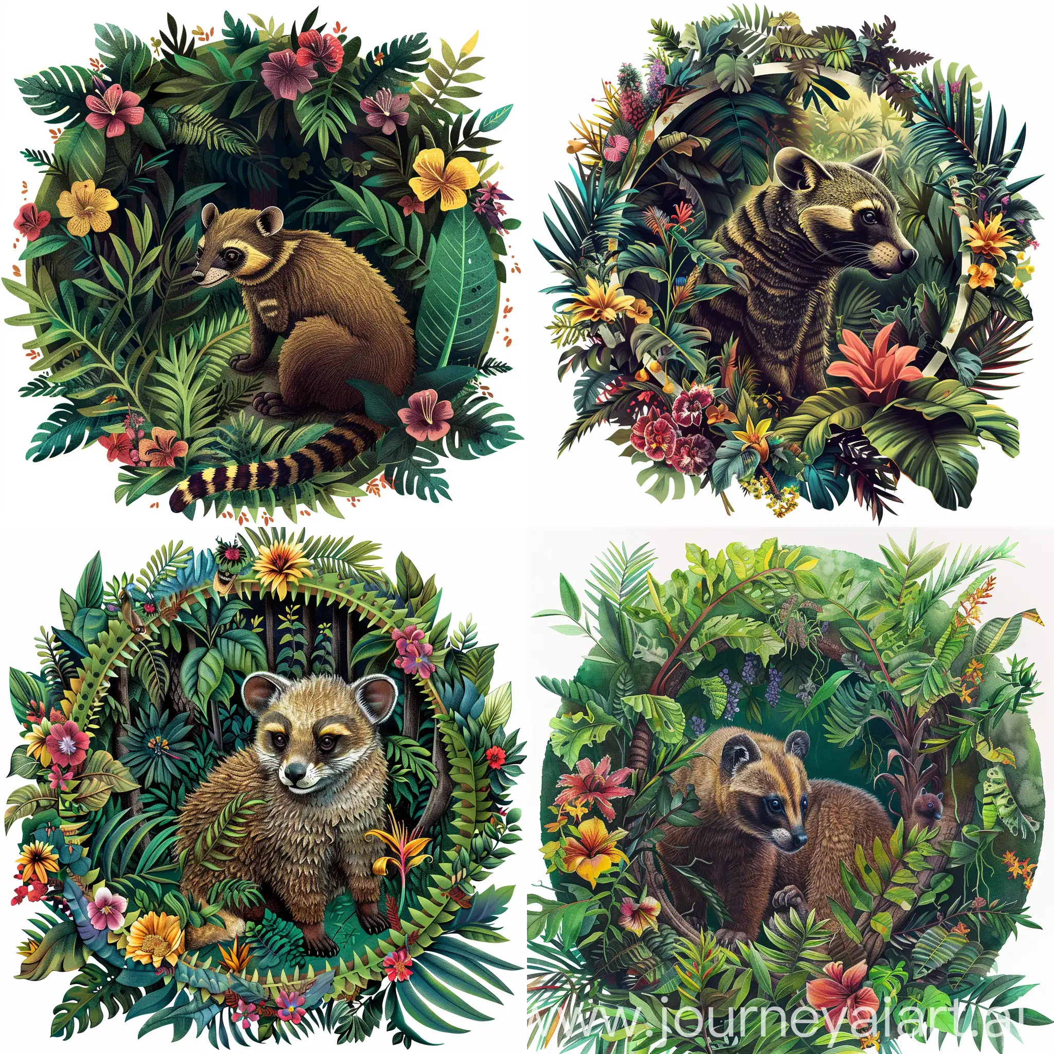 Art of a charming coati exploring the dense Paraguayan forest, (on a white background:1.2), Illustrative Nature style, intricate details, 4k, masterpiece, lush foliage and colorful tropical flowers should surround the central round-shaped comic

