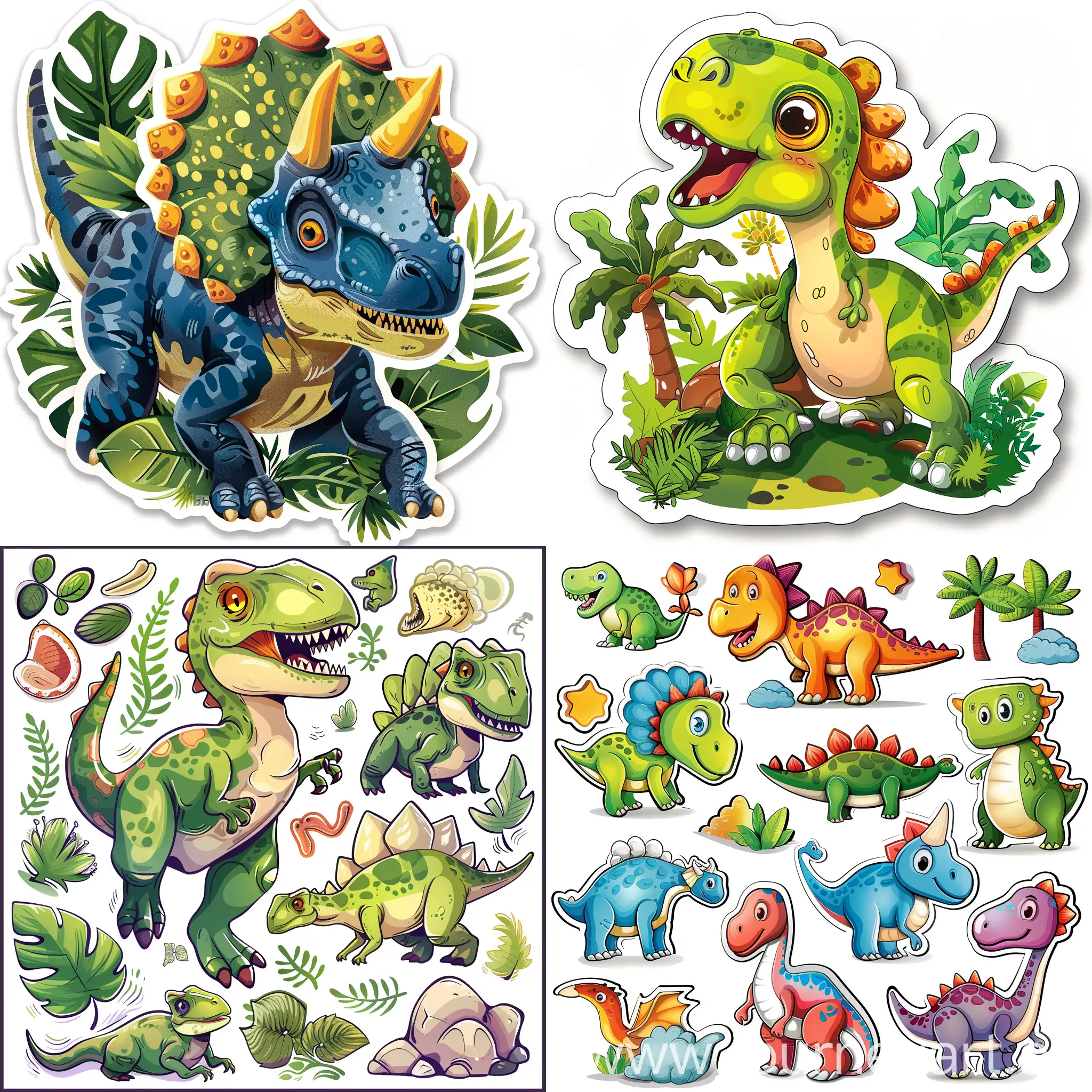 Colorful-Cartoon-Dinosaurs-on-White-Background-for-Sticker-Collection