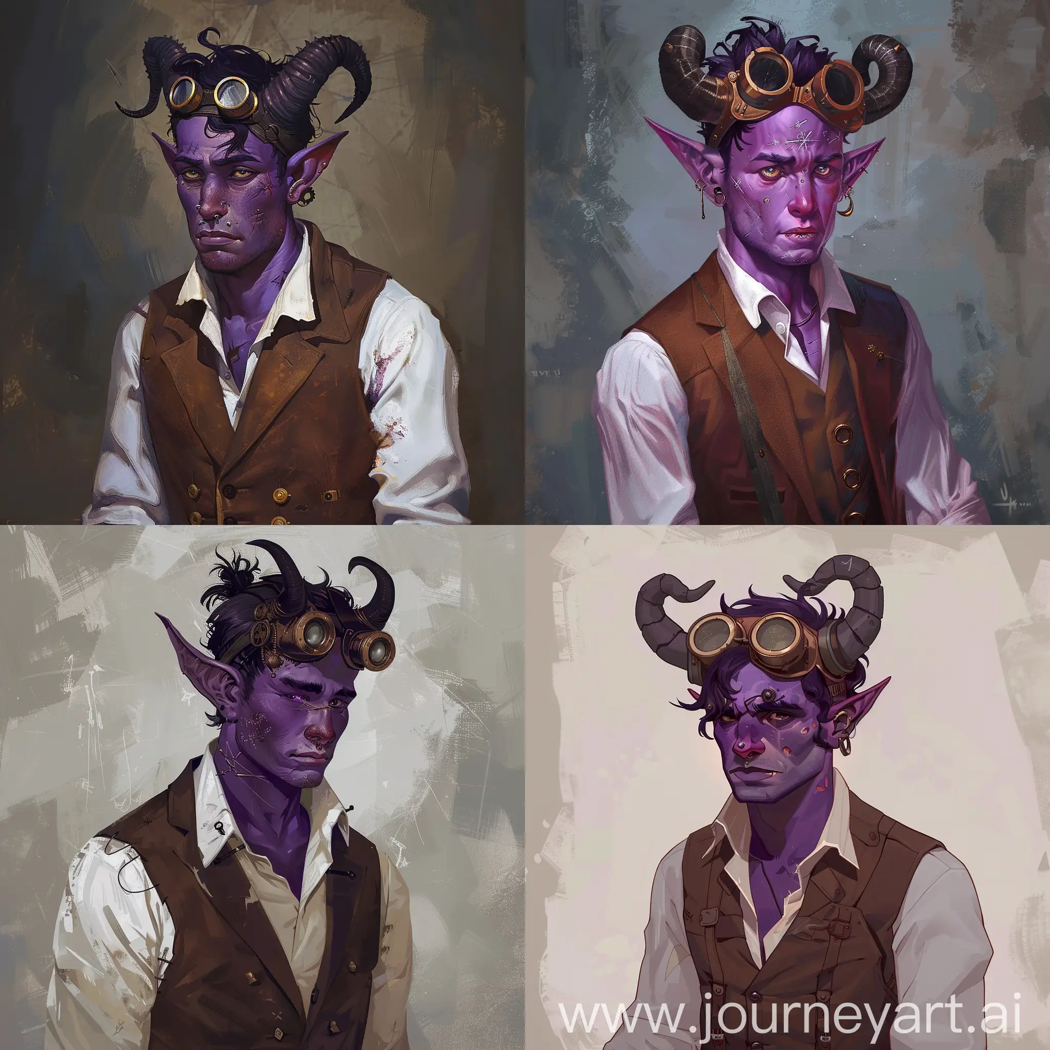 D&D portrait. A tiefling male artificer with violet skin, black hair, dressed in brown suit vest and white shirt, steampunk welder's googles on forehead. One horn is broken, little scars on his face, tired look