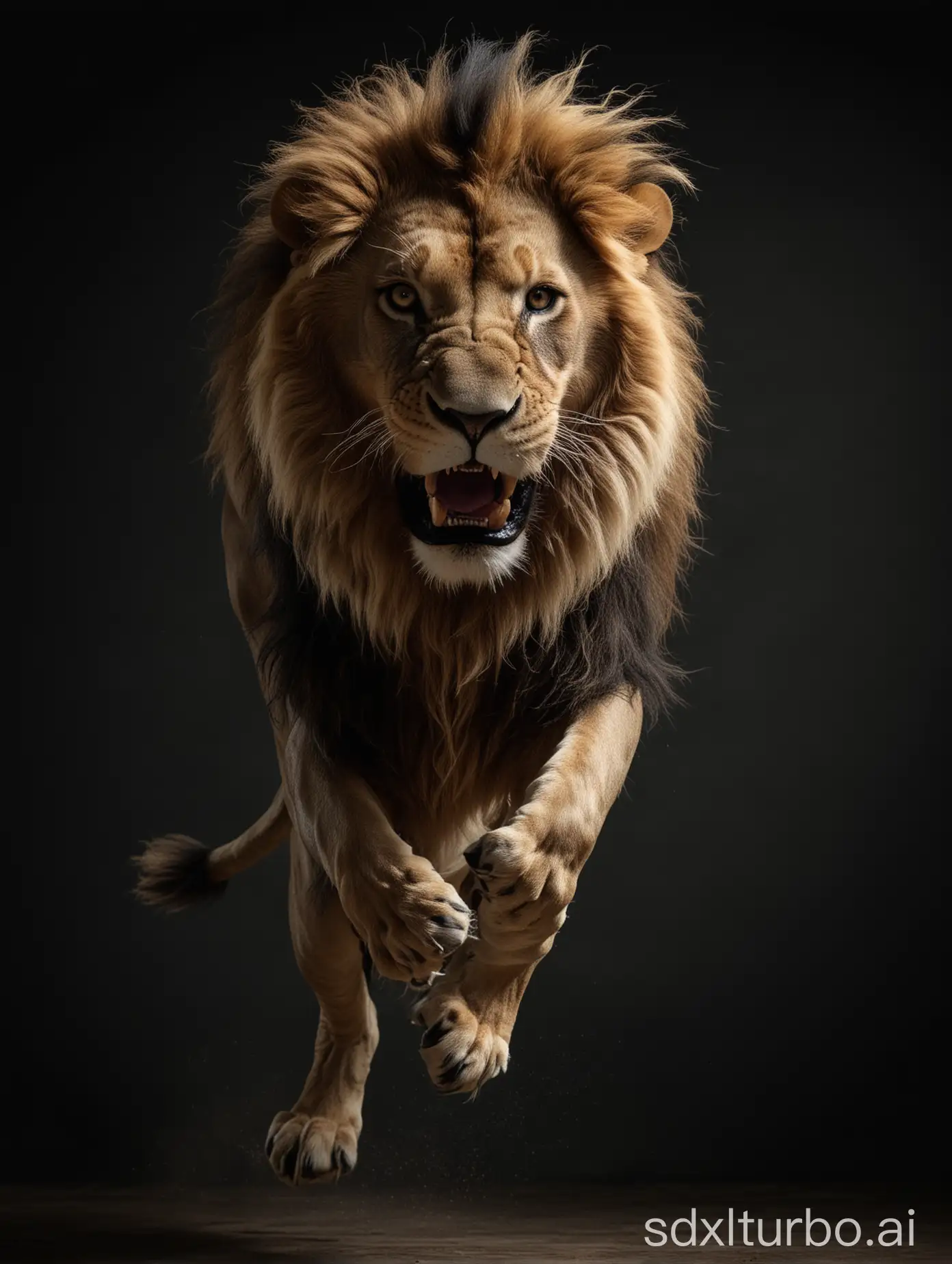 großer majestätischer Löwe springt laut brüllend direkt auf die Kamera zu, in einem Fotostudio mit dunklen Hintergrund, sehr detailreich, ultrahochauflösend