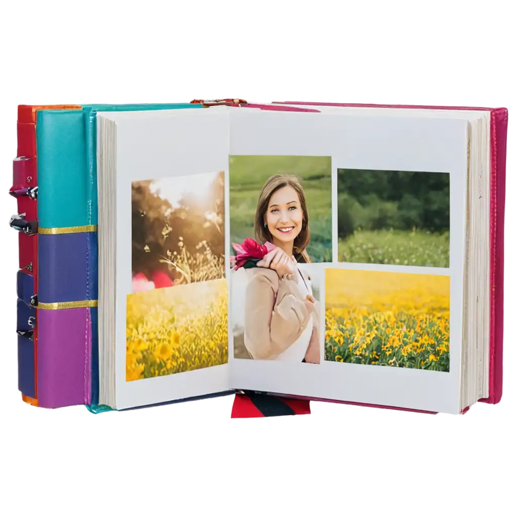 A joyful, colorful photo album, filled with cherished moments transparent background