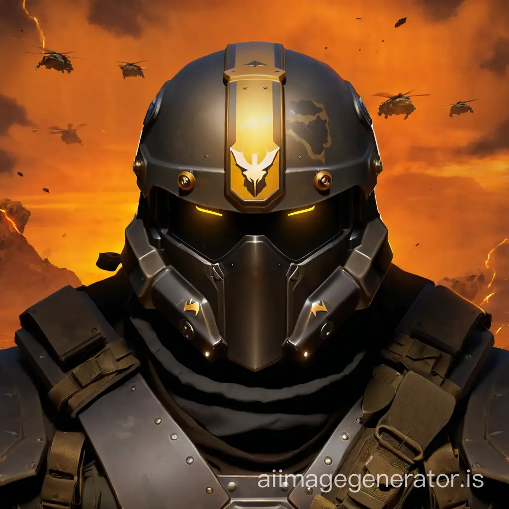 portrait of a soldier from the game Helldivers2, sand tempest in his back. Shooting, dramatic, emblem armor , looking at the sky, dirt on his helmet (warm yellow tone) (dramatic) (close up)