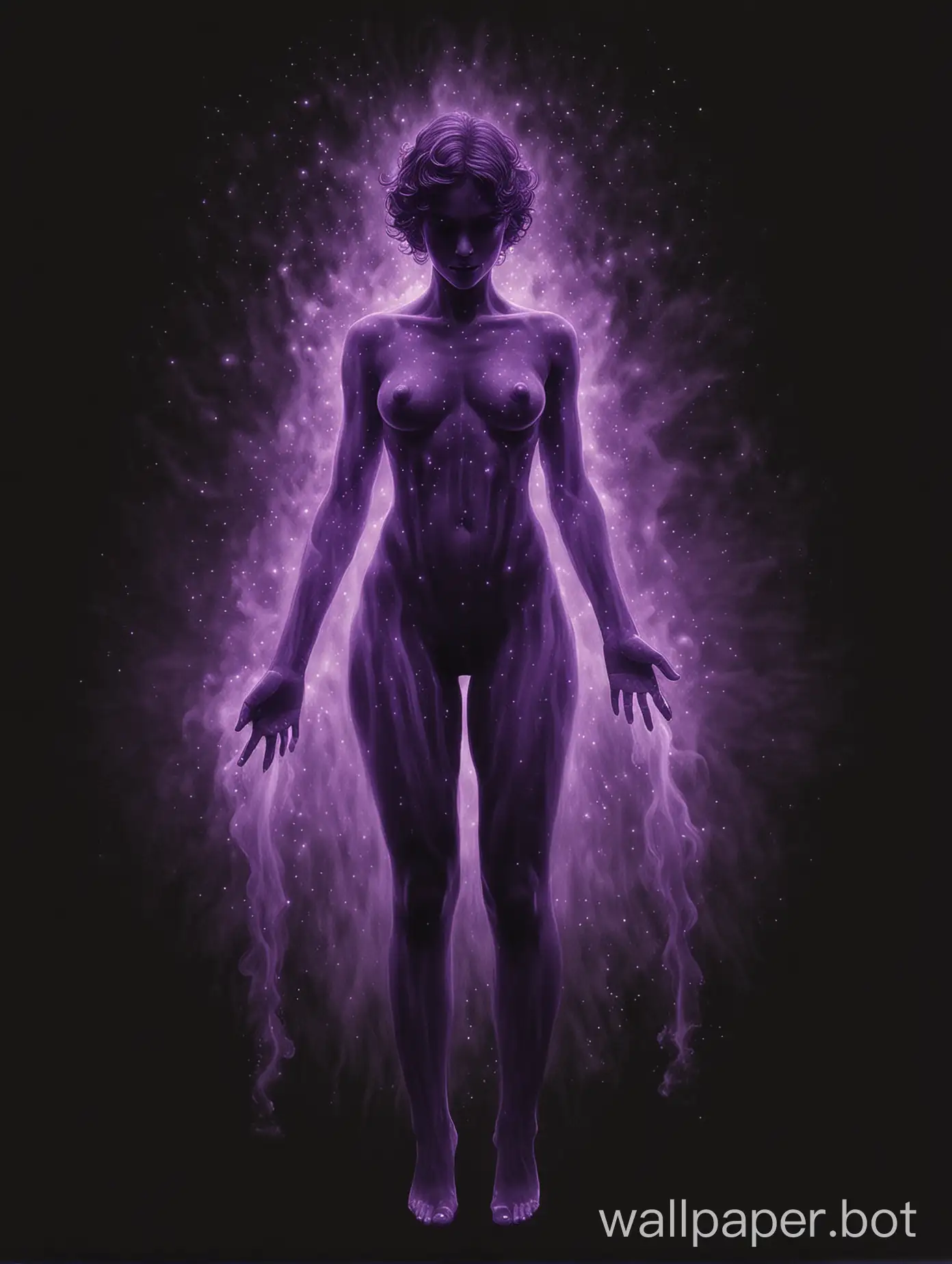 Draw a cluster of purple mist in the shape of a person on a black background.