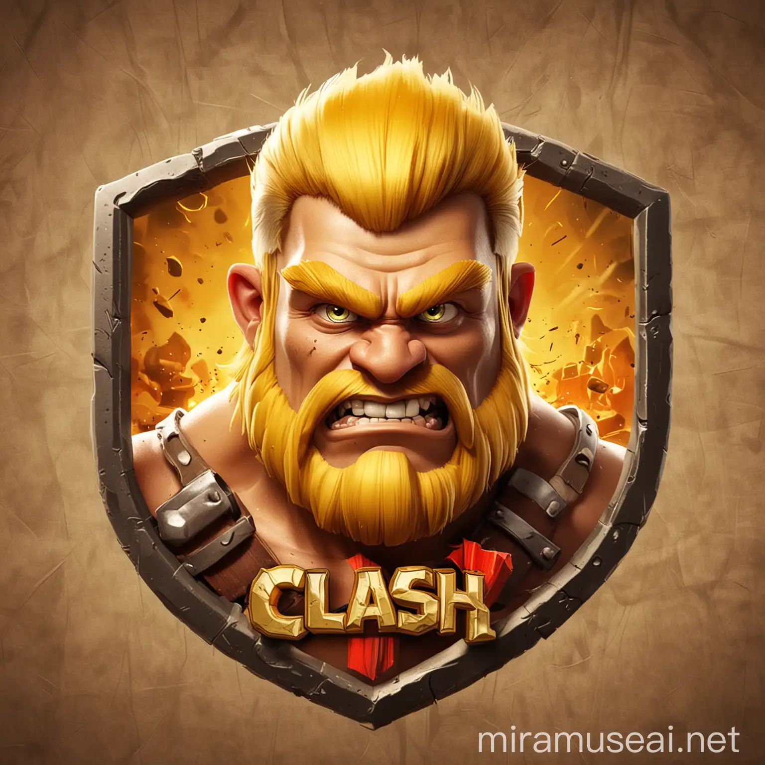Imagine a logo for a Clash of Clans clan. Resembles the game Clash of Clans. Resembles a barbarian from the game with bright golden yellow hair. Do not have a name in the logo