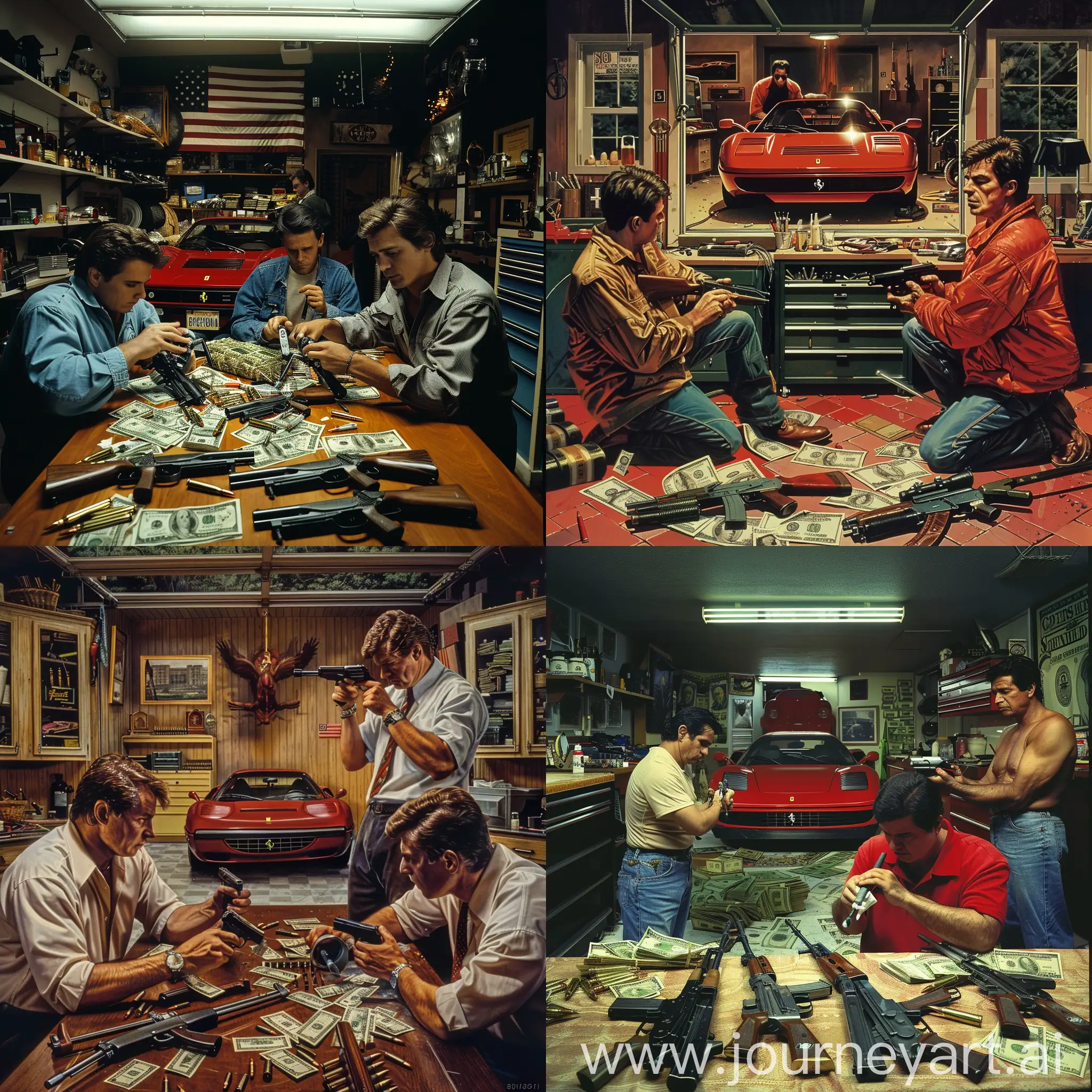 A man in 1980 in his garage have a ferrari in the back he and his two mens are cleaning guns and in front of them alot of money