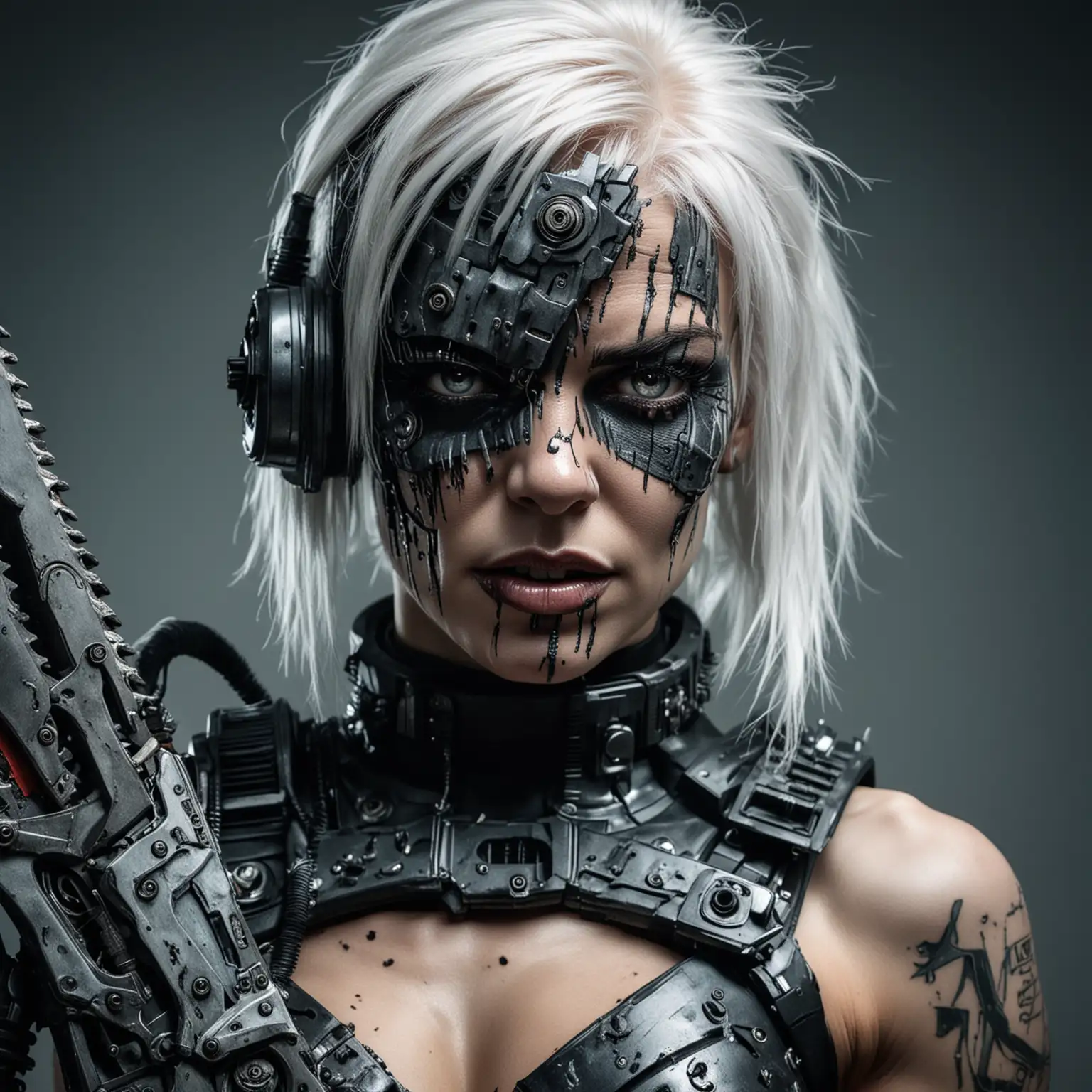 Scarred Cyberpunk Woman with Chainsaw and Cybernetic Enhancements