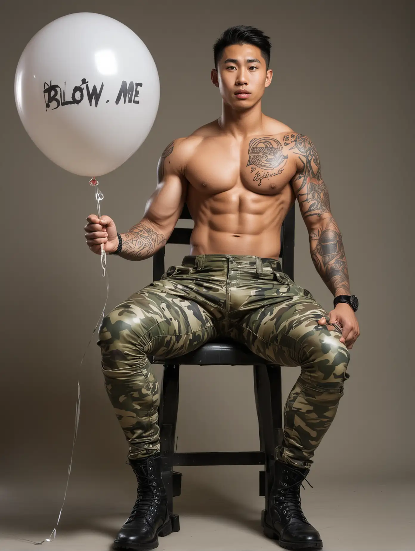 Muscular Asian Soldier with Giant Bulge Holding BLOW ME Balloon | AI Image  Generator