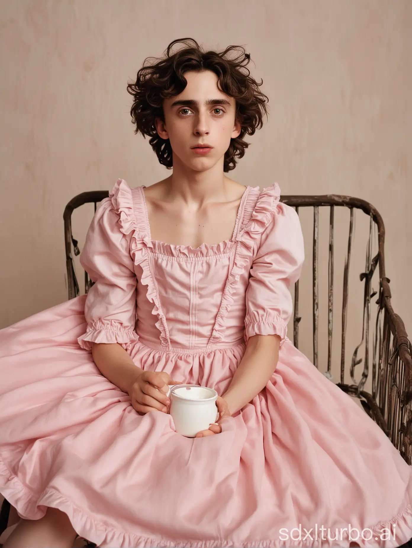 ((Gender role reversal)), photograph of an Unbreeched Timotheè Chalamet (age 23 but acting like a brat) wearing a long pink ballerina dress and a bib, sitting strapped in an oversized pram, throwing A tantrum while eating a yoghurt he doesn’t like