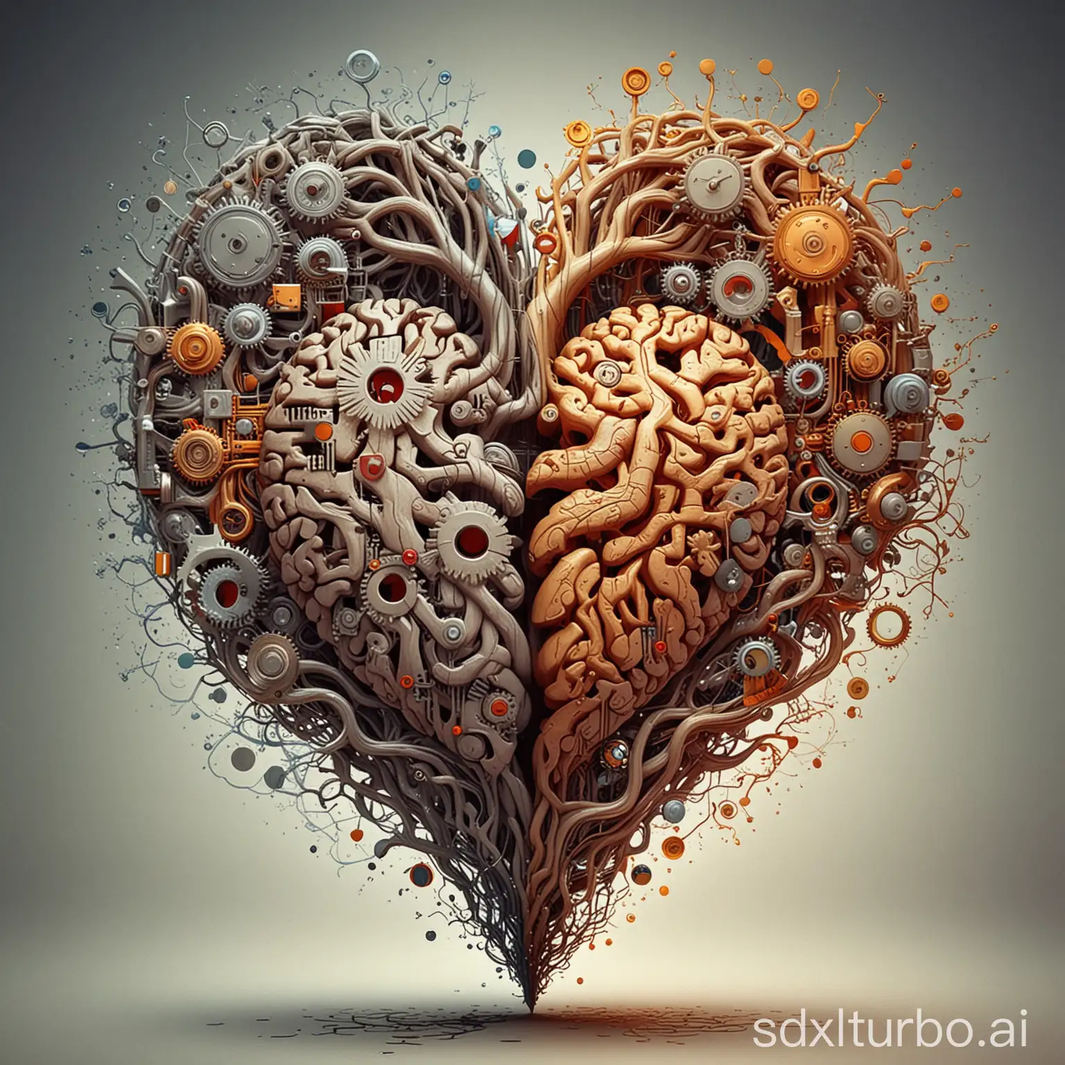 Create a visual representation contrasting the concepts of 'Mind and Brain' with 'Heart and Soul'. On one side, depict the 'Mind and Brain' with imagery symbolizing logic, thought processes, and intellectual pursuits. This could include elements like gears, neurons firing, or a person deep in thought. On the other side, represent 'Heart and Soul' with symbols of emotions, empathy, and spirituality. Use warm colors, flowing lines, and perhaps incorporate nature elements like trees or flowing water to evoke a sense of deep feeling and connection.