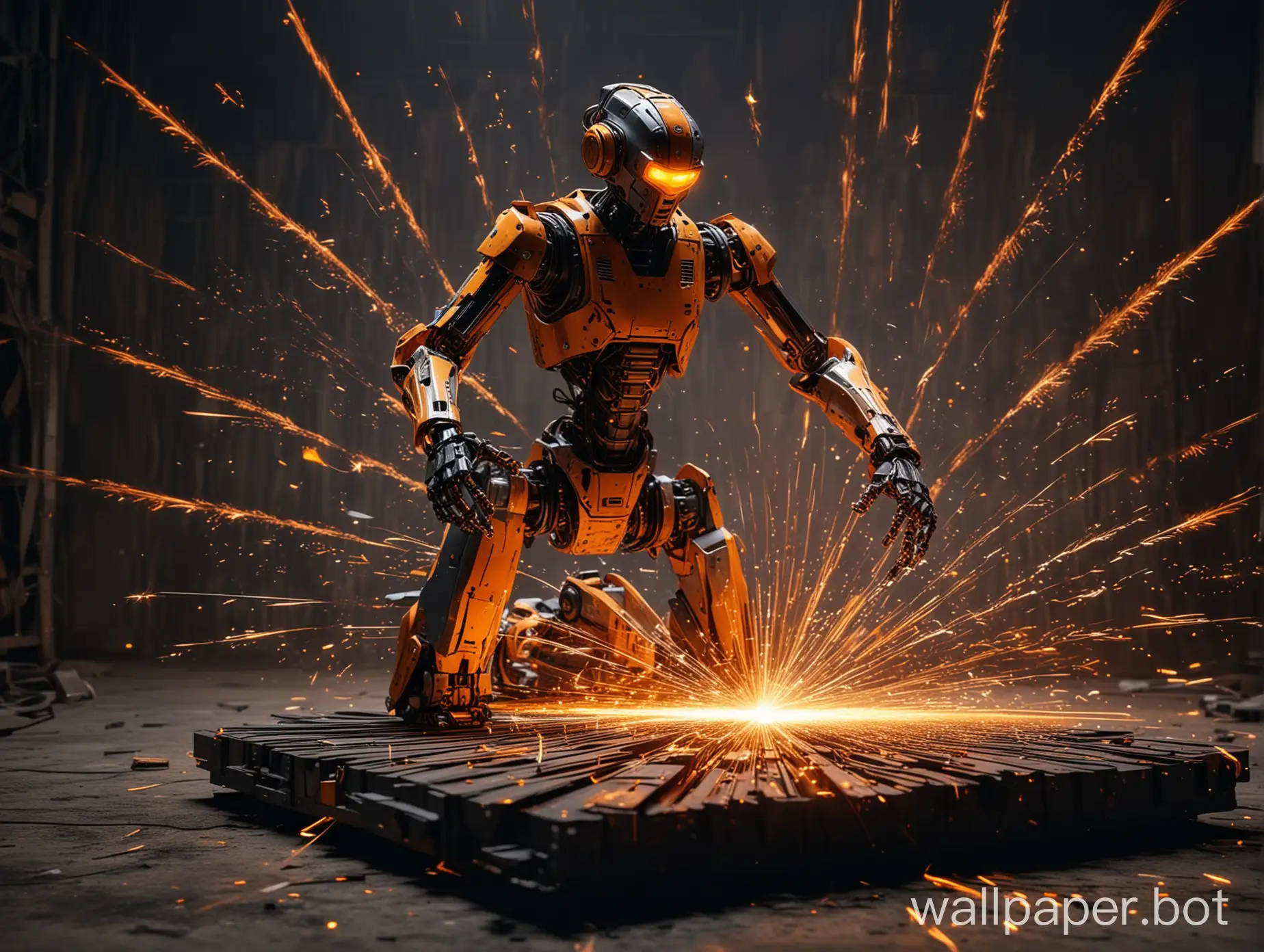 laser orange black style industrial with a robot ai in a epic pose cutting and bending metal sheets with a lot orange laser like fireworks