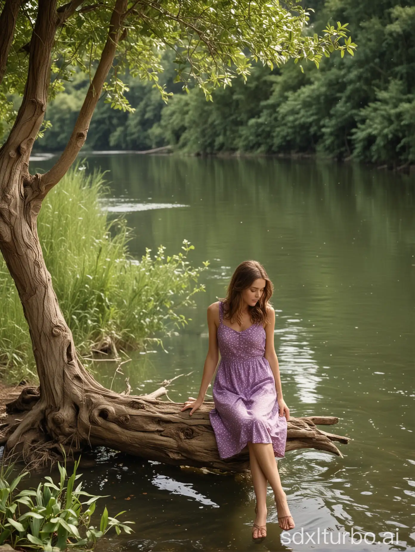long shot, woman, medium brown hair, slim body, wearing purple sundress, sitting on a tree beside a river, green water