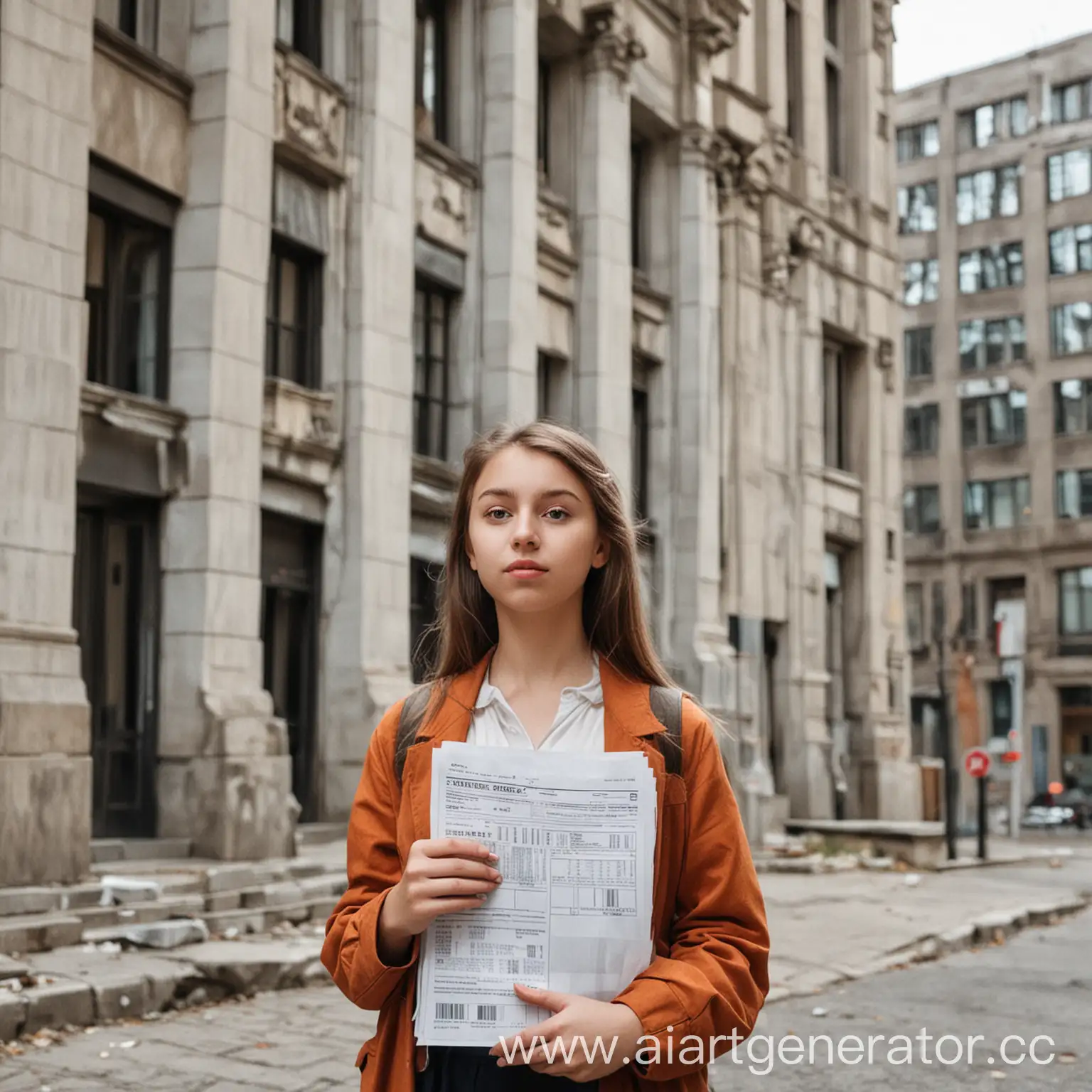 девушка в форме налоговой стоит у здания с документами