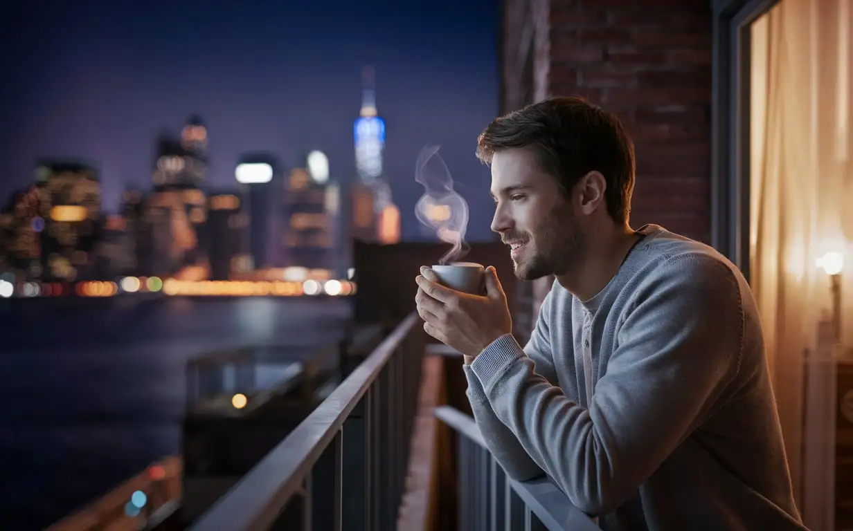 25 year old boy enjoying his coffee in his New York City apartment balcony at nighttime