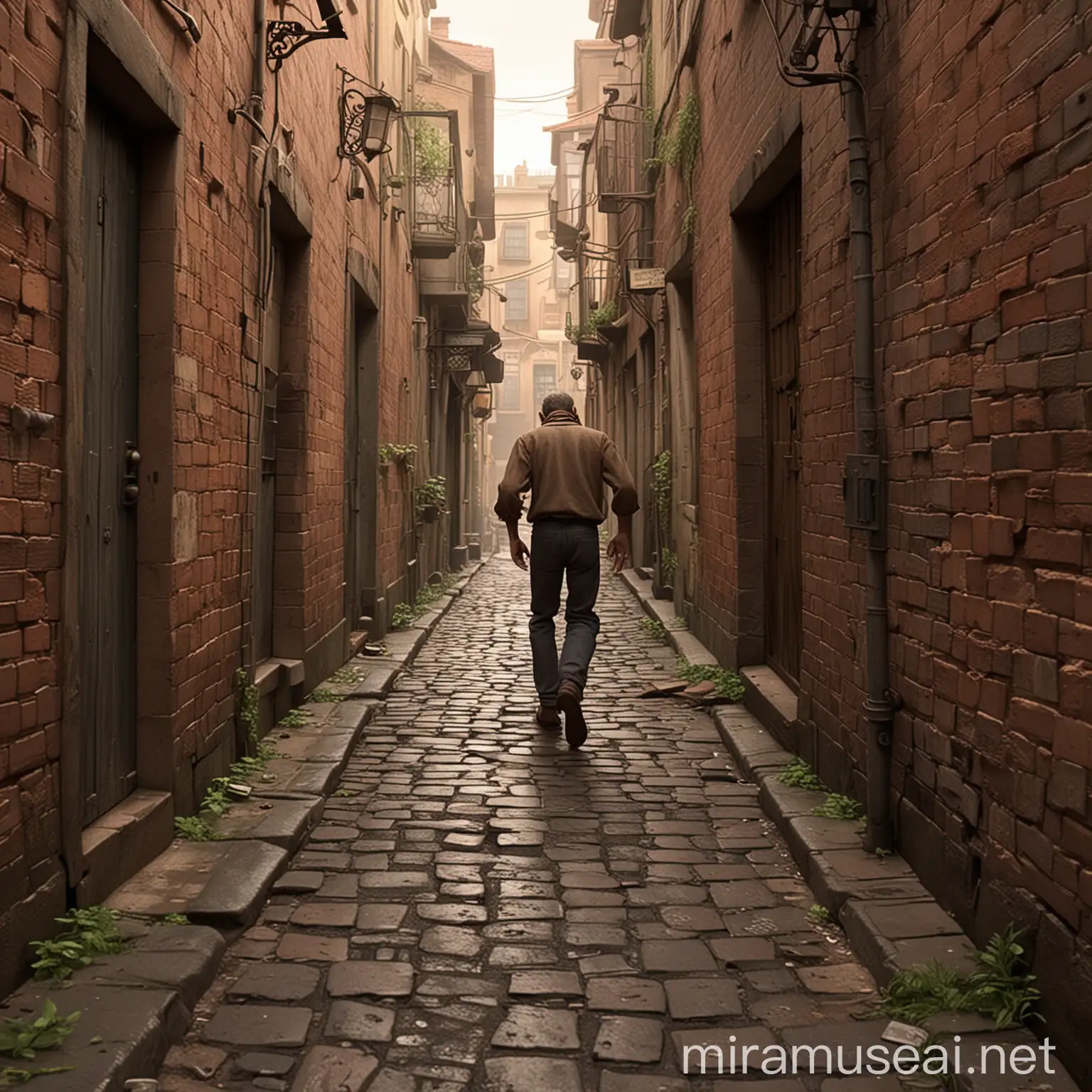 A distressed man walked to the end of a small alley，disney pixar style