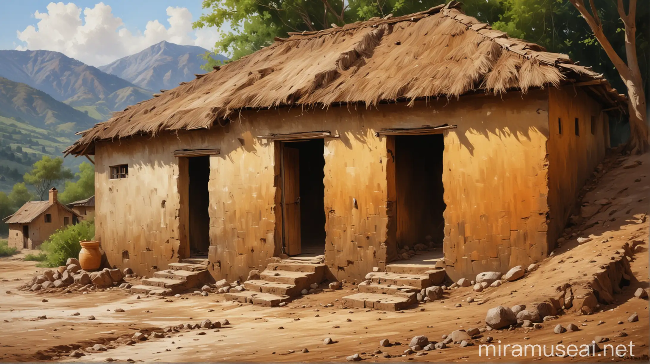 Rural Life Depicted Two Mud Houses in Oil Paint