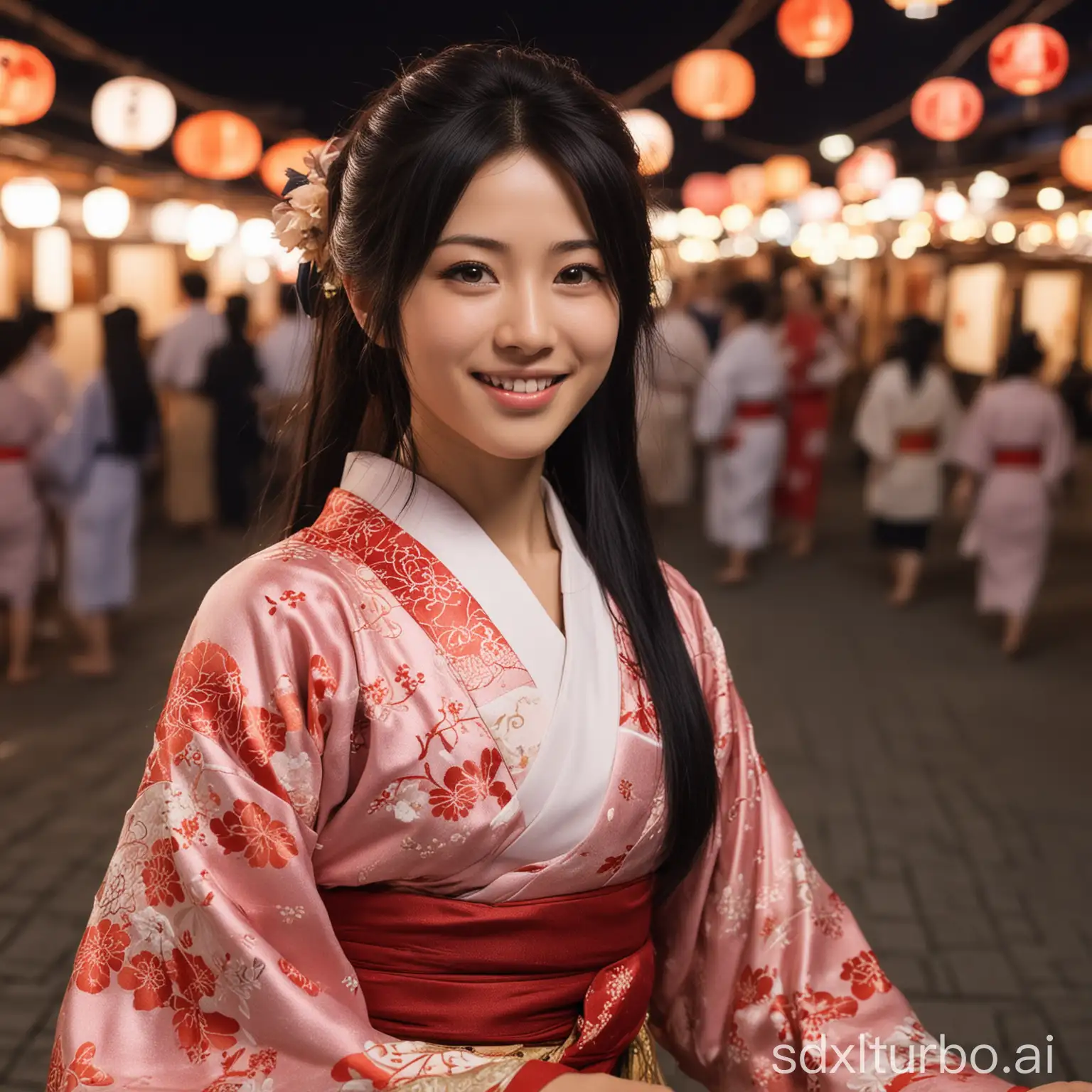  "Generate an image of Akira Hoshino, age 25, with long straight black hair, dark brown eyes, and a beautiful smile, dressed up in japanese outfit, having fun and laughter playing kingyo-sukui during summer festival. It is a night scene"