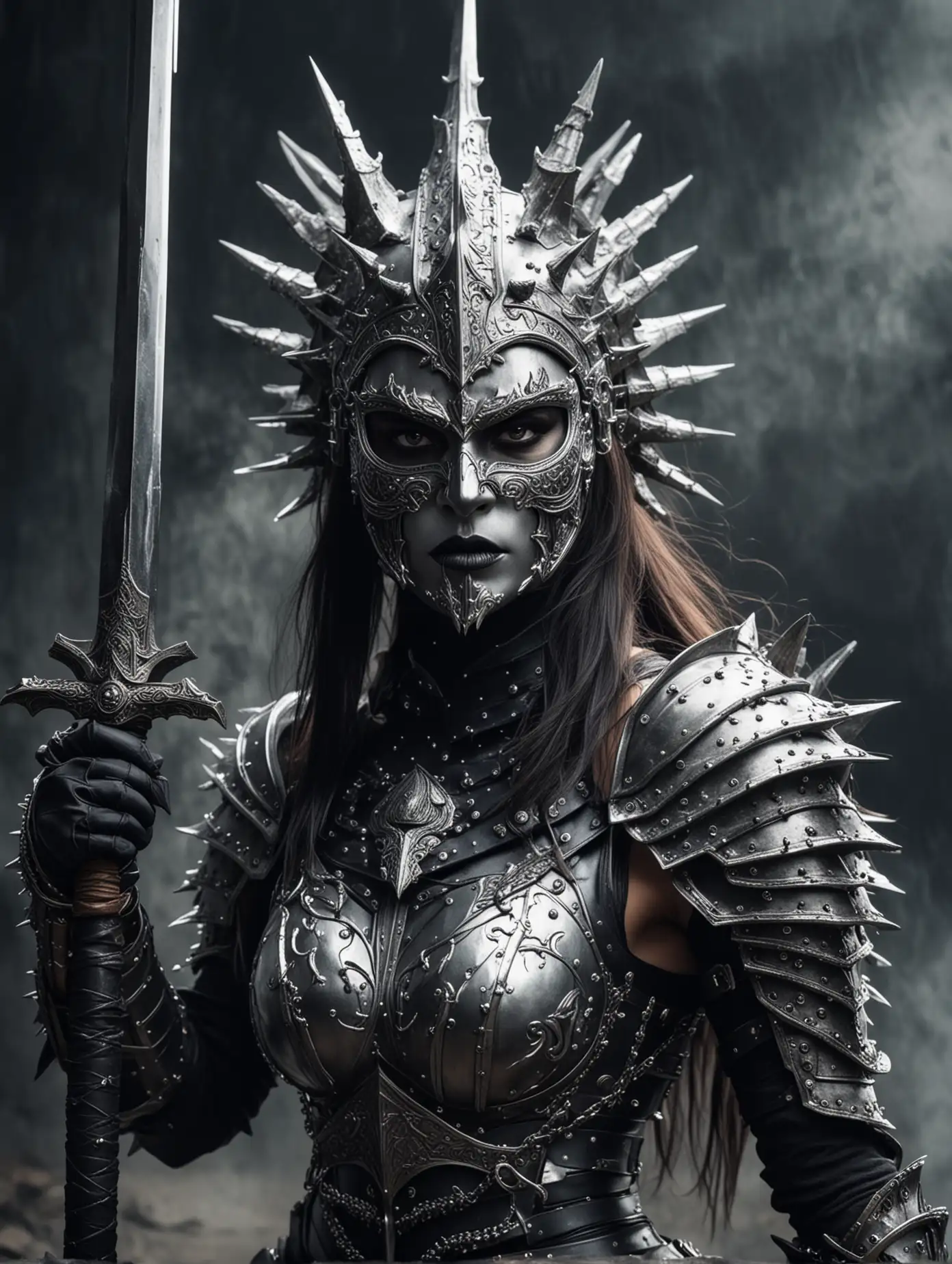 Intimidating-Female-Warrior-in-Spiked-Silver-Armor-Brandishing-a-Sword