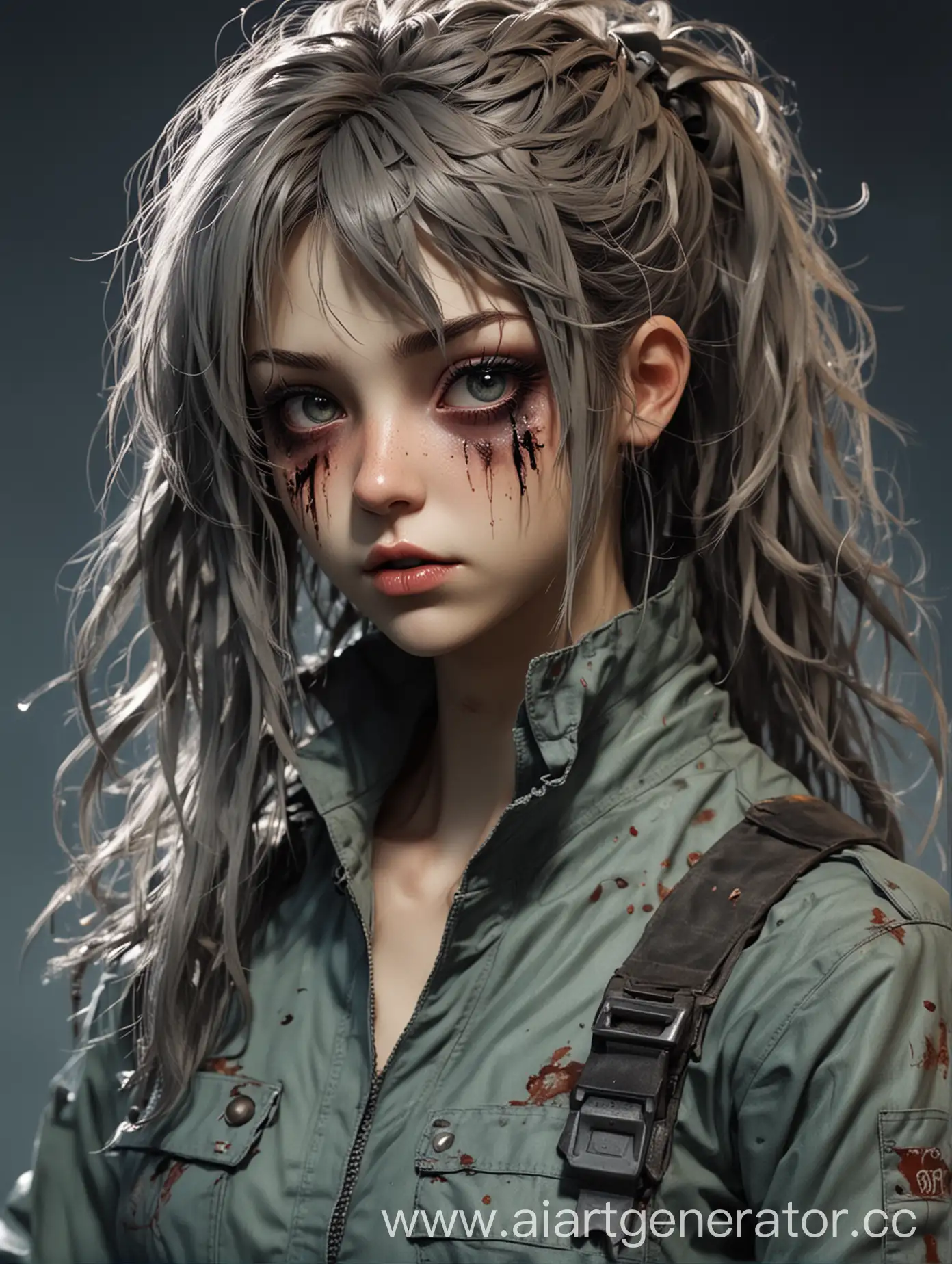 зомби девочка аниме с болотными волосами и серыми глащамив комбинизон механика