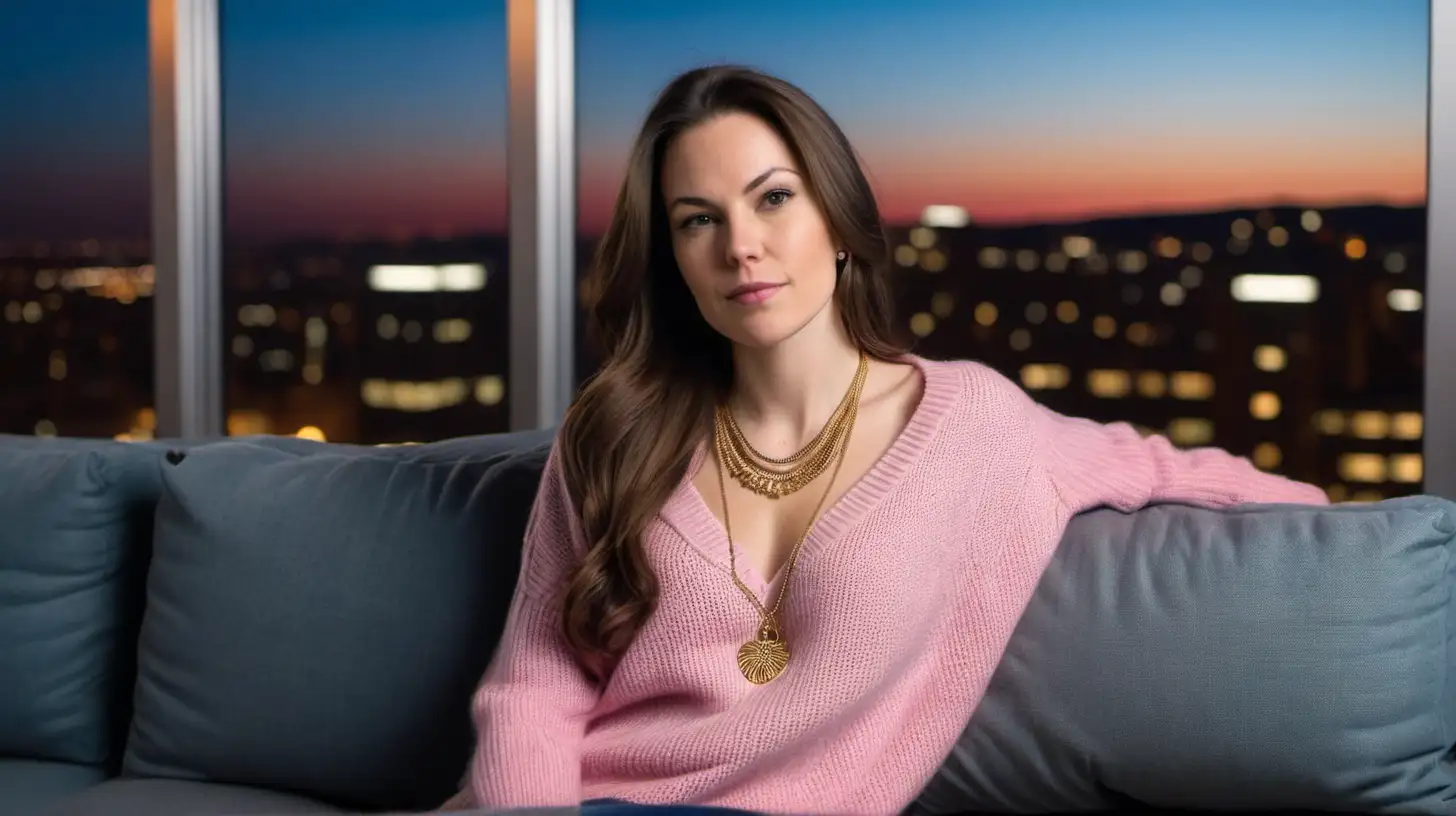Closeup of 30 year old white woman with long dark brown hair and gold necklace, pink sweater and blue jeans, sitting on a gray couch, modern high rise urban apartment background at night
