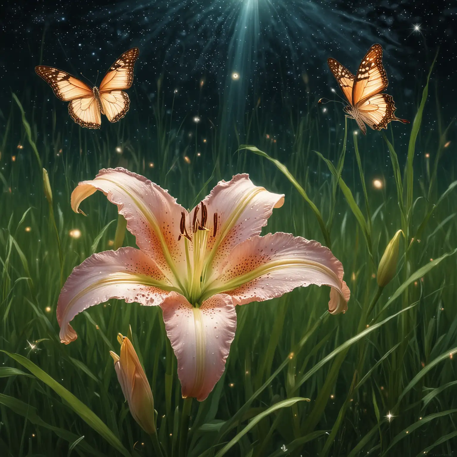 Ethereal Stargazer Lily Blossom with Butterflies in Enchanted Meadow