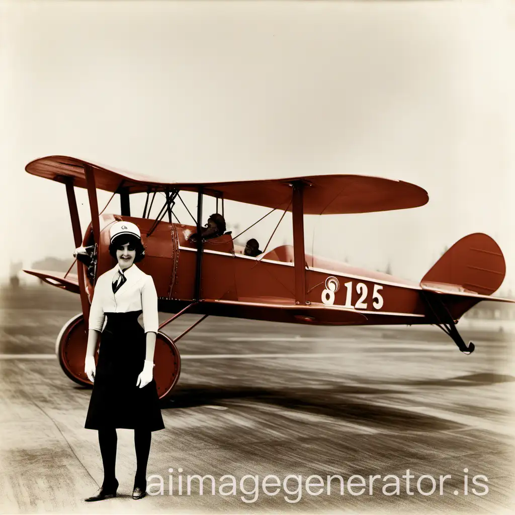 a stewardess in '1925 red biplane