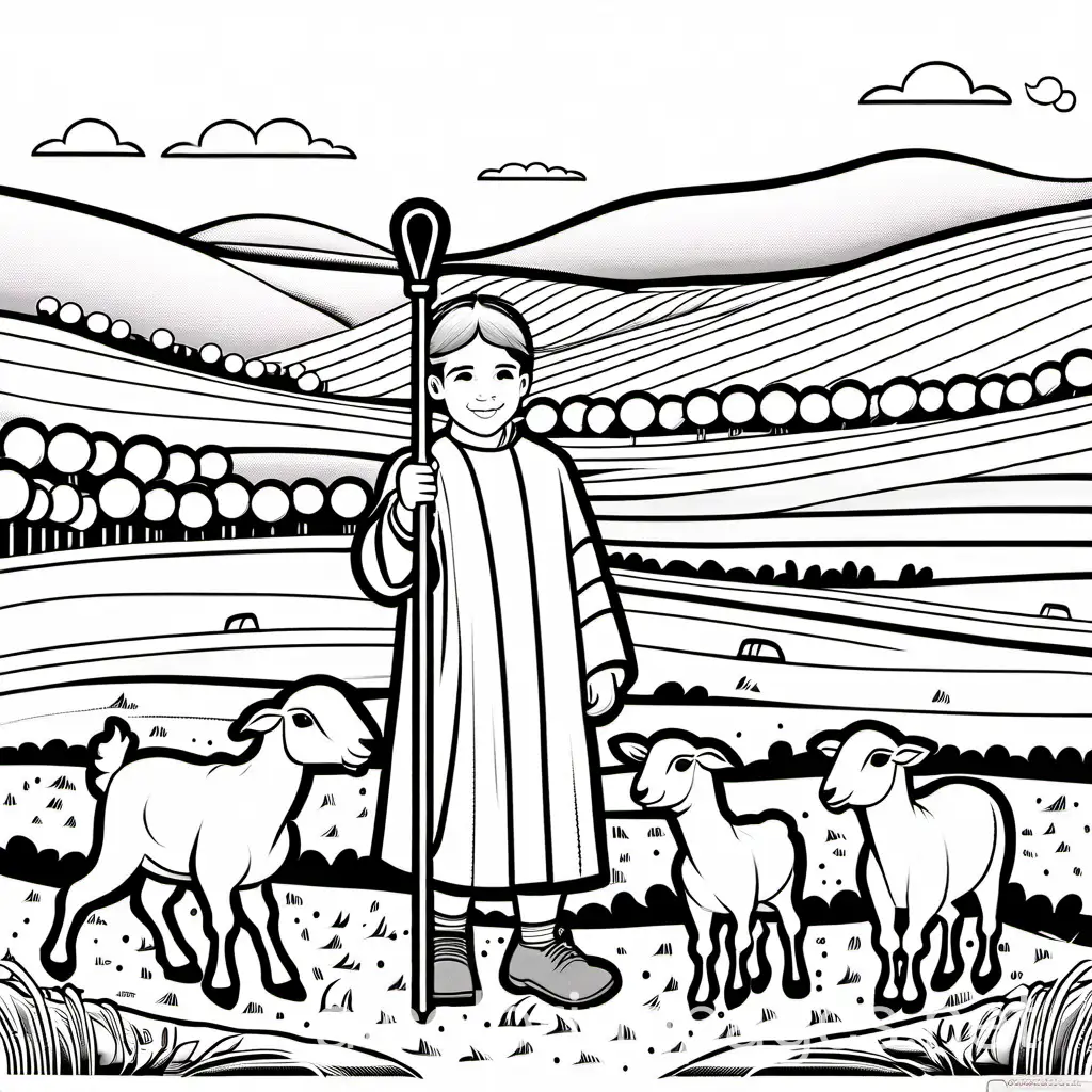 Young boy wearing stripped long line coat, holding a shepherd staff, bible period shepherd village background, sheep, lamb, goat, colouring page, black and white, line art, white background, simplicity., Coloring Page, black and white, line art, white background, Simplicity, Ample White Space. The background of the coloring page is plain white to make it easy for young children to color within the lines. The outlines of all the subjects are easy to distinguish, making it simple for kids to color without too much difficulty