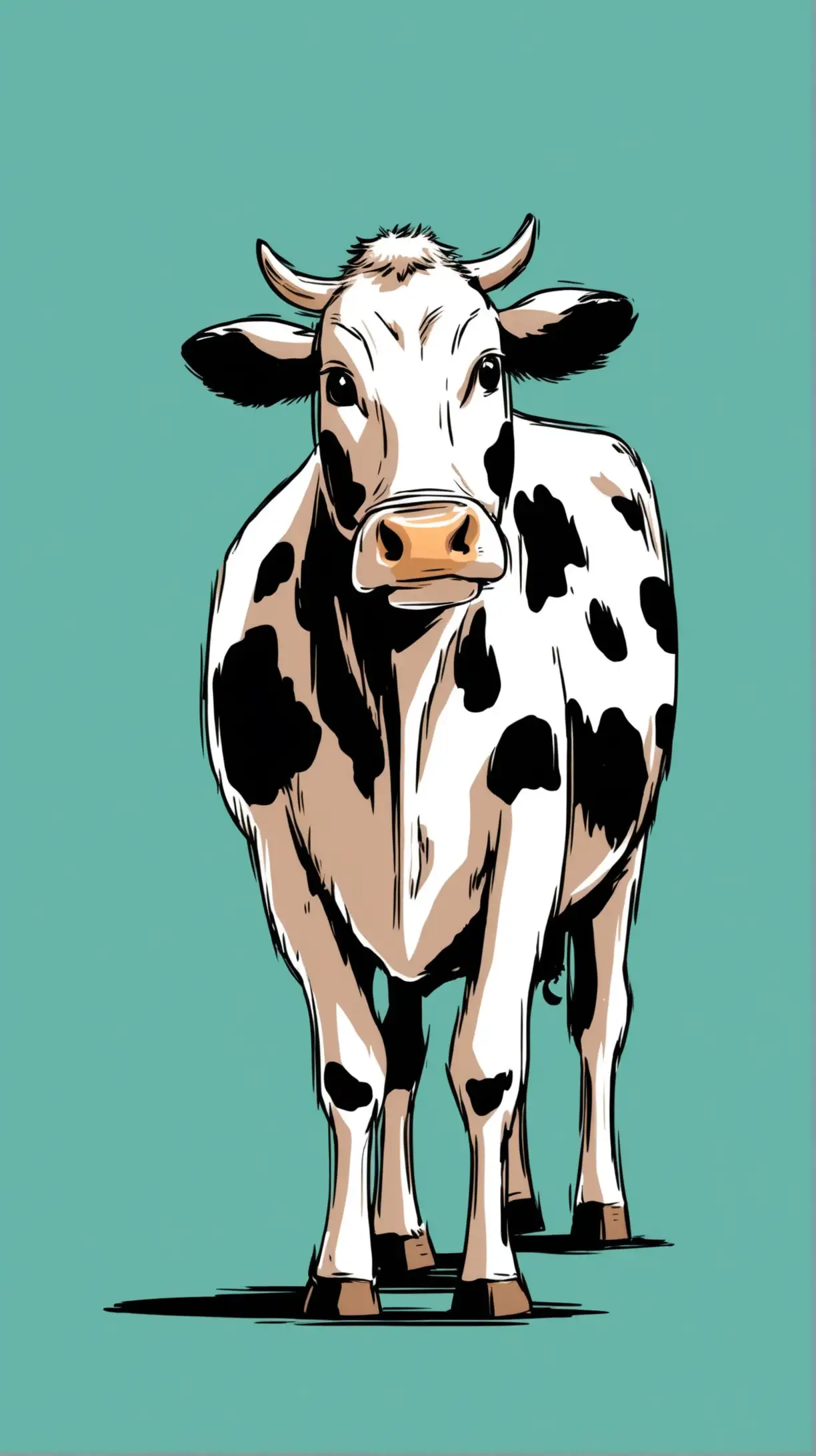 Comic book style.  Medium shot of a cow from the front.  Simple background.