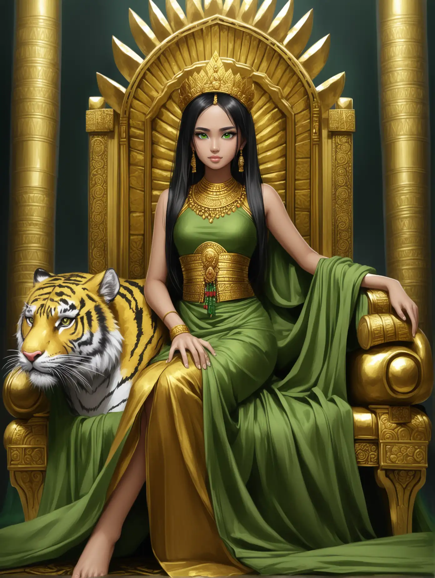 Elegant-25YearOld-Woman-on-Golden-Throne-with-Tiger-Companion