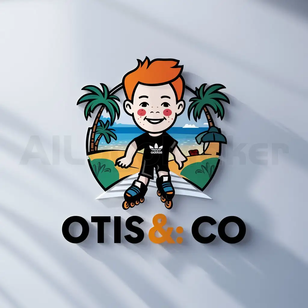 a logo design,with the text "Otis&Co", main symbol:a photo of a boys face 12 to 13 years old slightly freckled nose. red cheeks. orange hair. pretty tall. medium to large nose. shortish choppy hair. medium to large ears. medium to large eyebrows and lashes. straight white teeth. he has a professinal smile on his  face and is wearing an Adidas t-shirt. he is rollerblading on a tropical path with palm trees next to him and a beach in the distance,Moderate,be used in Retail industry,clear background