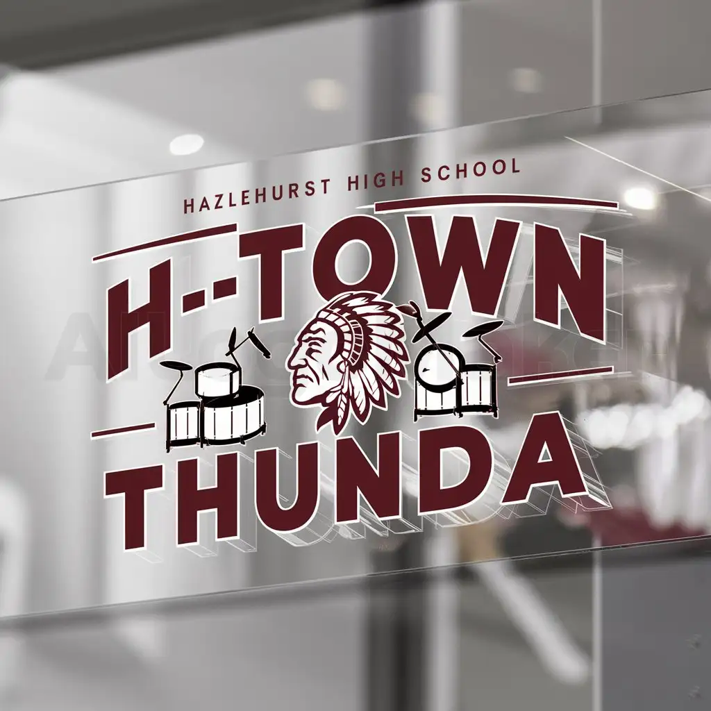a logo design,with the text "Hazlehurst High School Drumline called 'H-Town Thunda' Colors are Marron and White. Transparent", main symbol:Drumline drum section Indian Head Mascot,Moderate,clear background