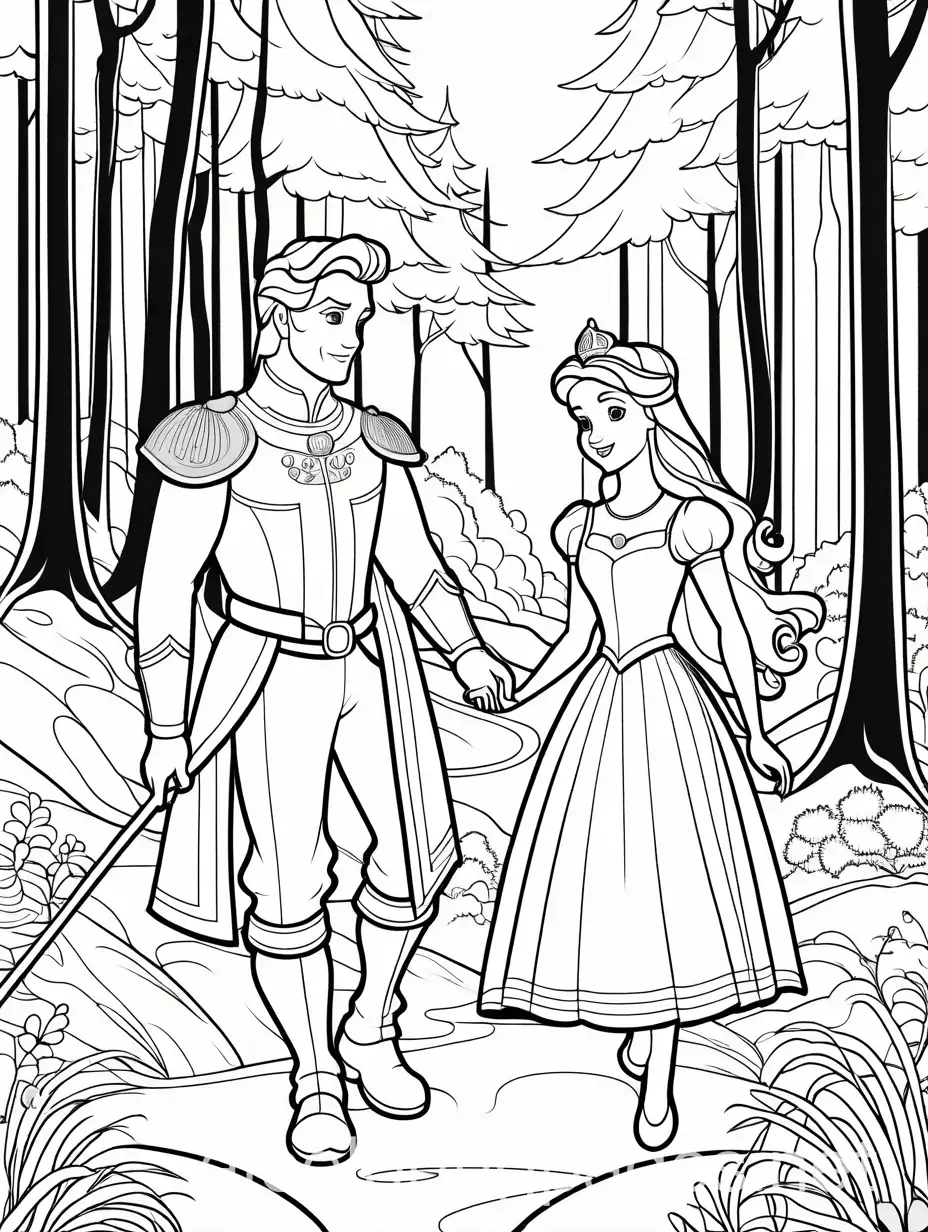 black and white outline art for Princee and princess on a hike in the nearby forest  coloring book page Coloring pages for kids, full white, kids style, white background, full body, Sketch style, white background, use just outline, cartoon style, line art, coloring book, clean line art, white background , Coloring Page, black and white, line art, white background, Simplicity, Ample White Space